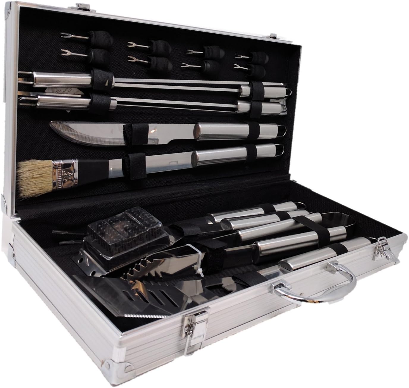 Happy Gourmet Kitchenware BBQ Grill Tools Set with 18 Barbecue Accessories - Stainless Steel Utensils with Aluminium Case - Complete Outdoor Grilling Kit for Dad