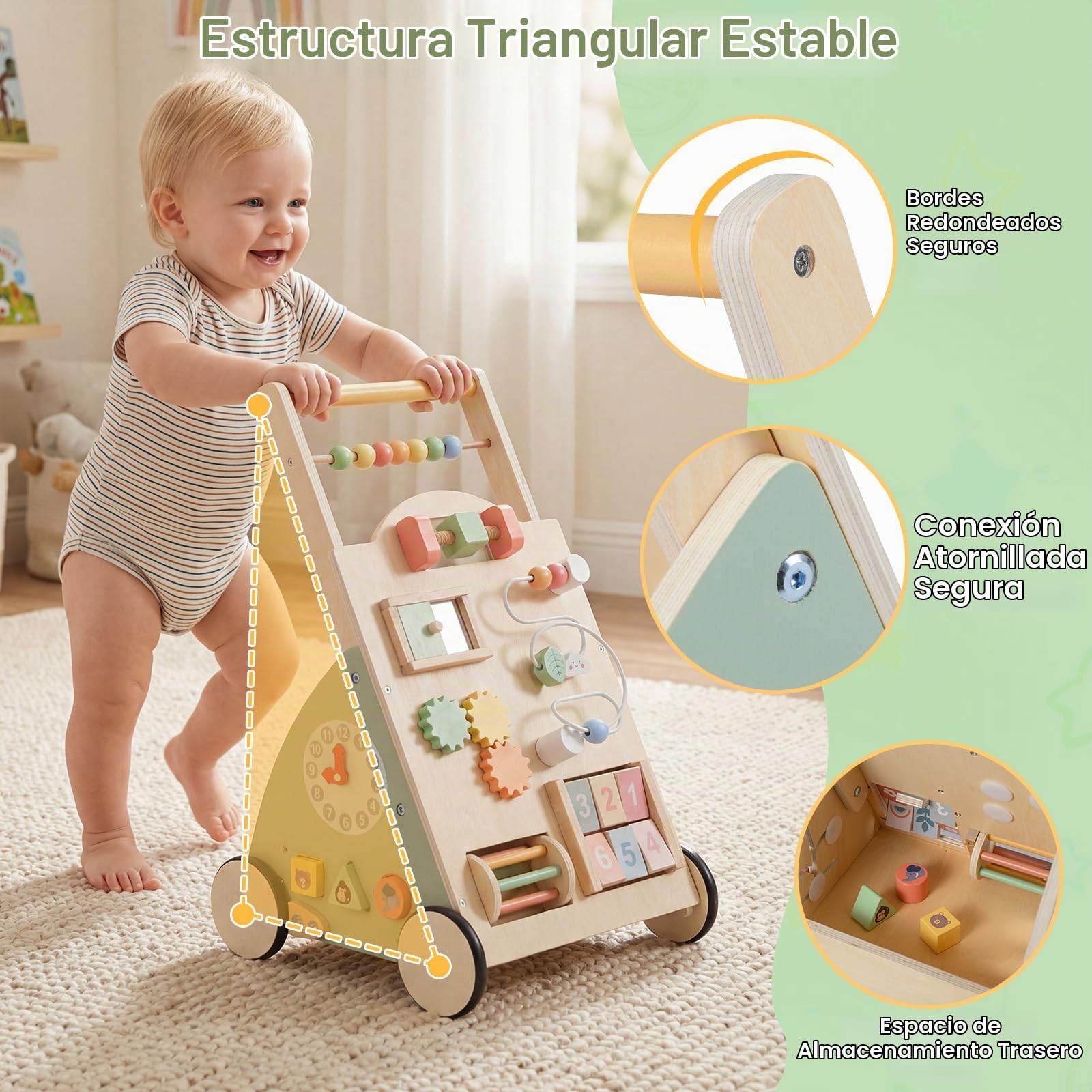 FANTASK Andador de madera para bebé a partir de 1 año, andador con tabla de actividad, ruedas y cesta de almacenamiento, centro de actividades Montessori