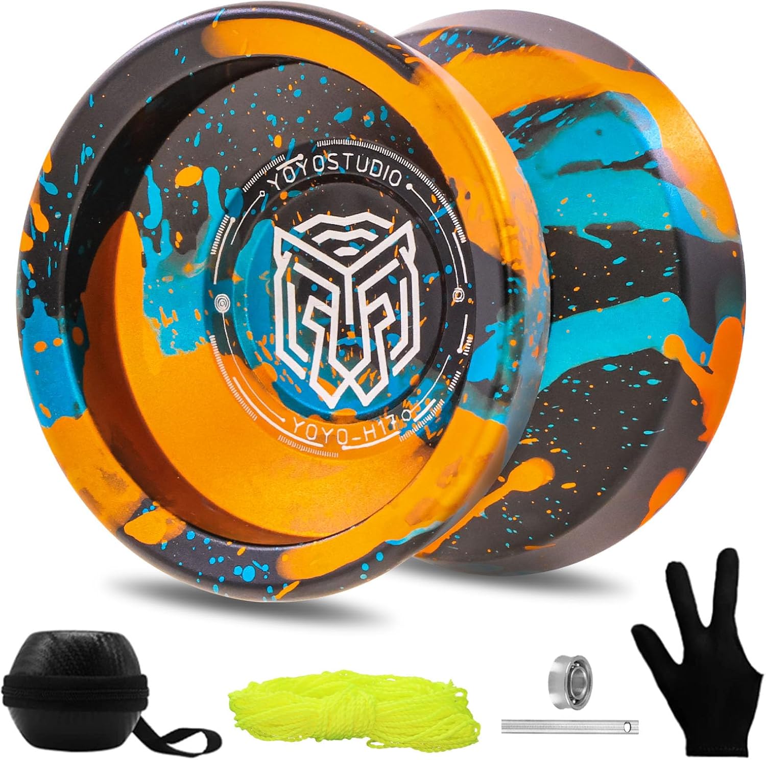 YOYOSTUDIO H17 Responsive Yoyo Professional Dual Purpose Yoyo for Kids 8-12 Unresponsive Yo Yo for Adults with Yoyos Bearings Kits, 10 Yo-Yo Strings, Case & Glove (Black Gold Blue)