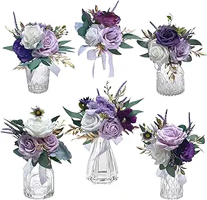 CherishedMoments Set of 6 Assorted Flower Centerpieces Mini Floral Wedding Flowers Set for Wedding Table Centerpieces Decoration, Purple Bouquets and Home Decor