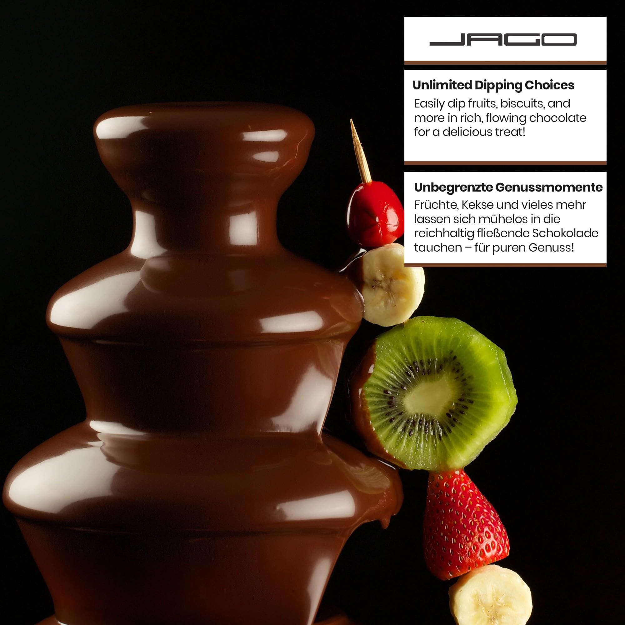 Jago® Schokoladenbrunnen 275W - 3 Etagen, Max. Kapazität 1 kg Schokolade, Edelstahl, Spülmaschinengeeignet, Silber - Schokobrunnen, Schokofondue, Schokoladenfondue, Schokoladenfontäne