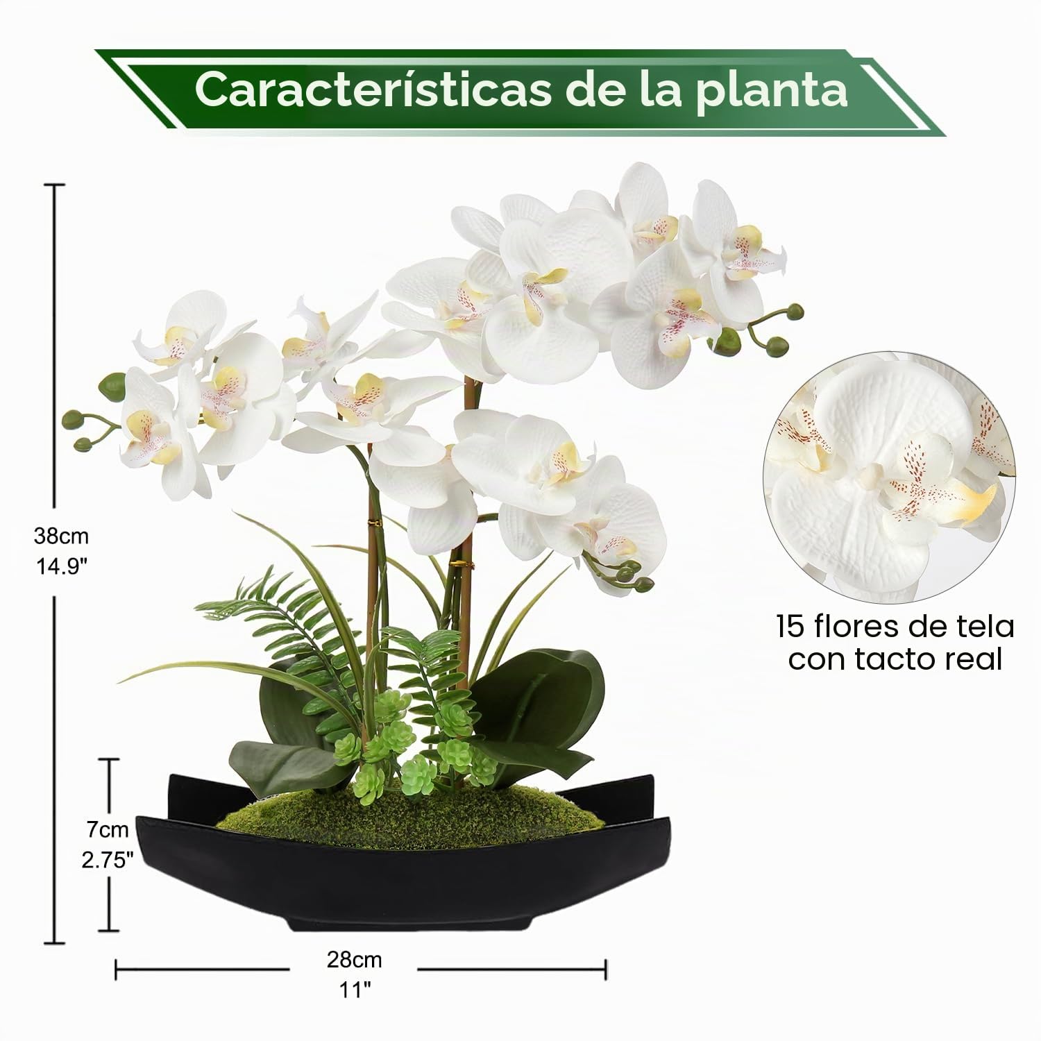 Briful Flor Artificial Orquídea Phalaenopsis Artificial en Maceta Planta Artificial para Hogar Oficina Boda Propuesta de Matrimonio Decoración Blanco Rosa Violeta (Blanco, 16" Tres Tallos Negros)