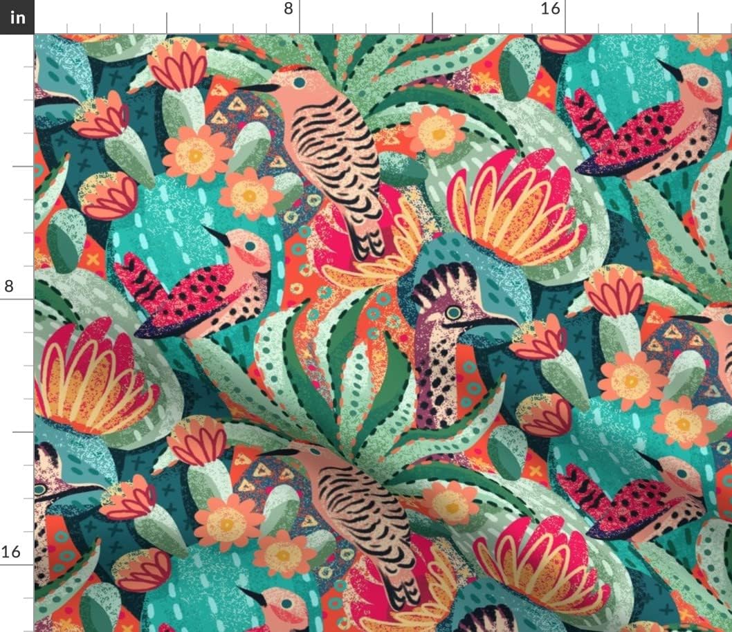 Spoonflower Fabric - Maximalist Desert Boho Succulent Cactus Aqua Green Coral Woodpecker Printed on Petal Signature Cotton Fabric by The Yard - Sewing Quilting Apparel Crafts Decor