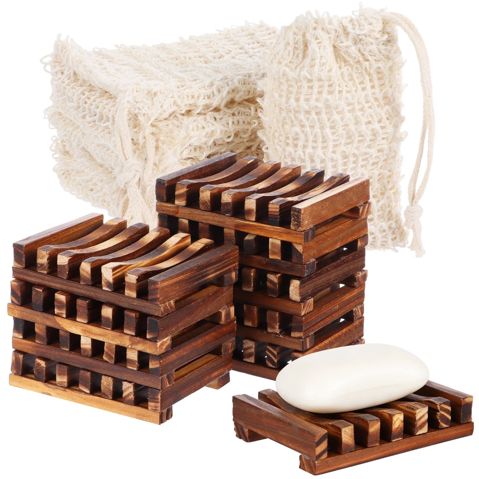 40-teiliges Seifenhalter-Set, 10 Holz-Seifenschalen mit transparenter feuchtigkeitsabweisender Beschichtung und 30 Baumwoll-Leinen-Seifenbeutel mit Kordelzug, für Bad, Dusche, Küche und Reise