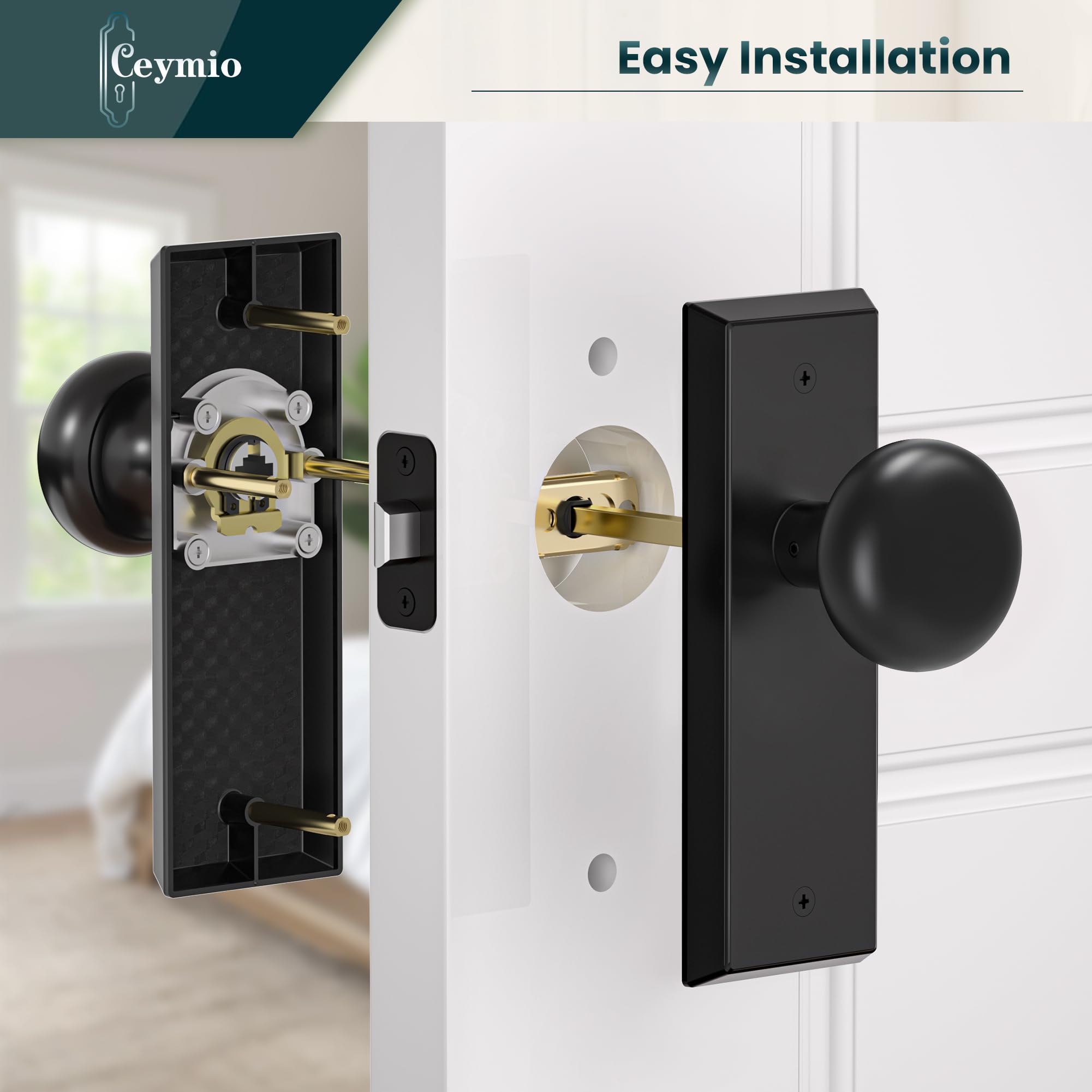 CEYMIO Matte Black Passage Door Knob - Vintage Non-Locking Door