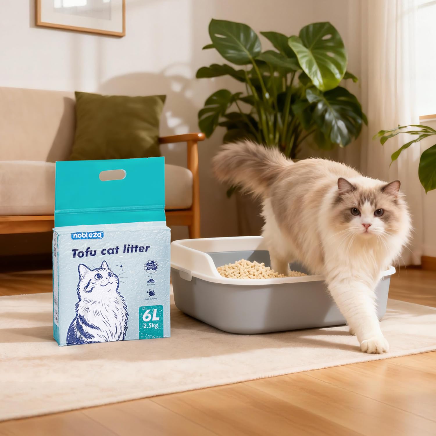 Nobleza Arena de Tofu para Gatos 20KG (8x2.5KG), Arena Aglomerante Natural, Sin Polvo, Control de Olores, Alta Absorción, Desechable en el Inodoro