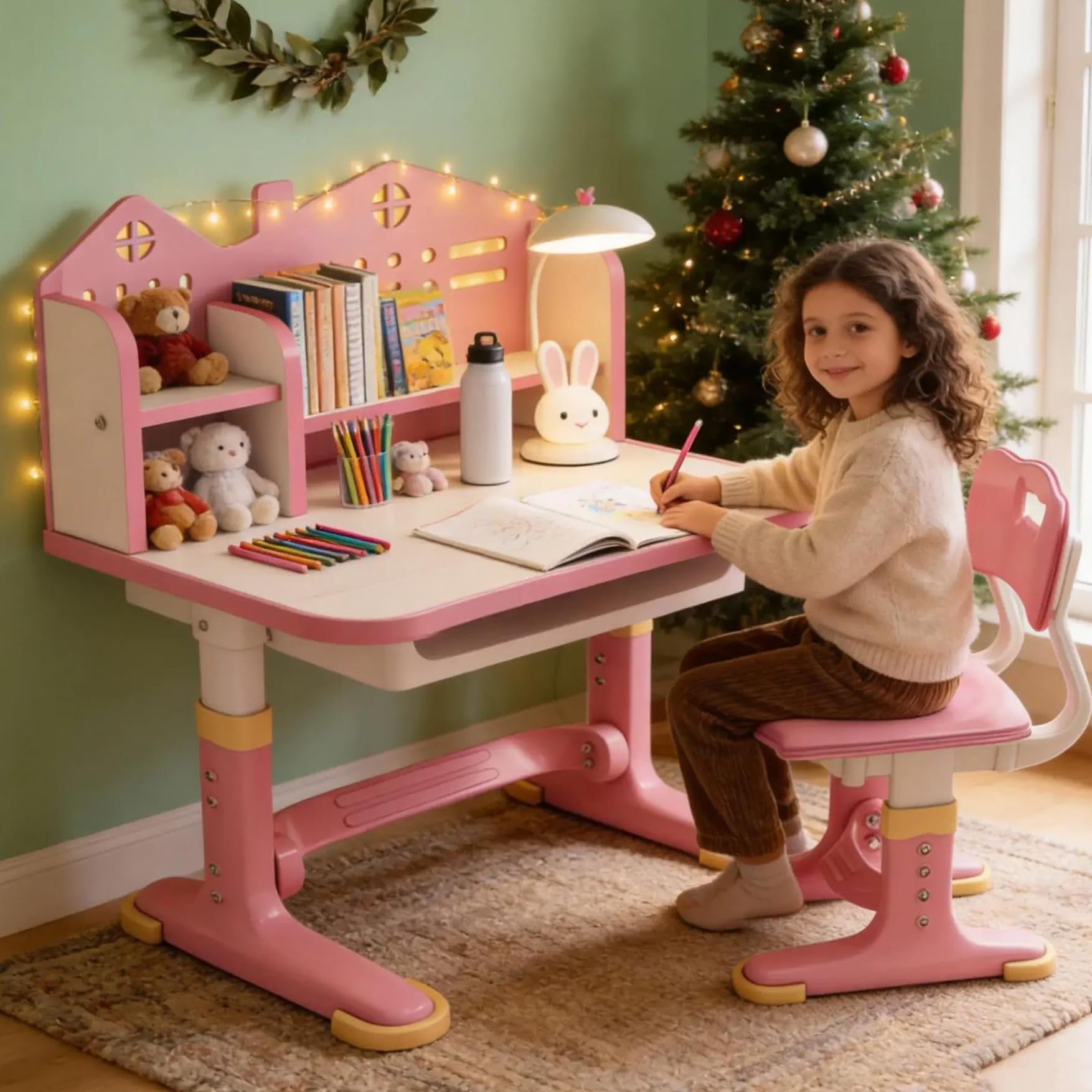 Scrivania Bambini Regolabile in Altezza con Sedia Abbinata, Set Studio per Bambini con Cassetto Integrato, Tavolo Ergonomico per Cameretta, Compiti e Studio Quotidiano
