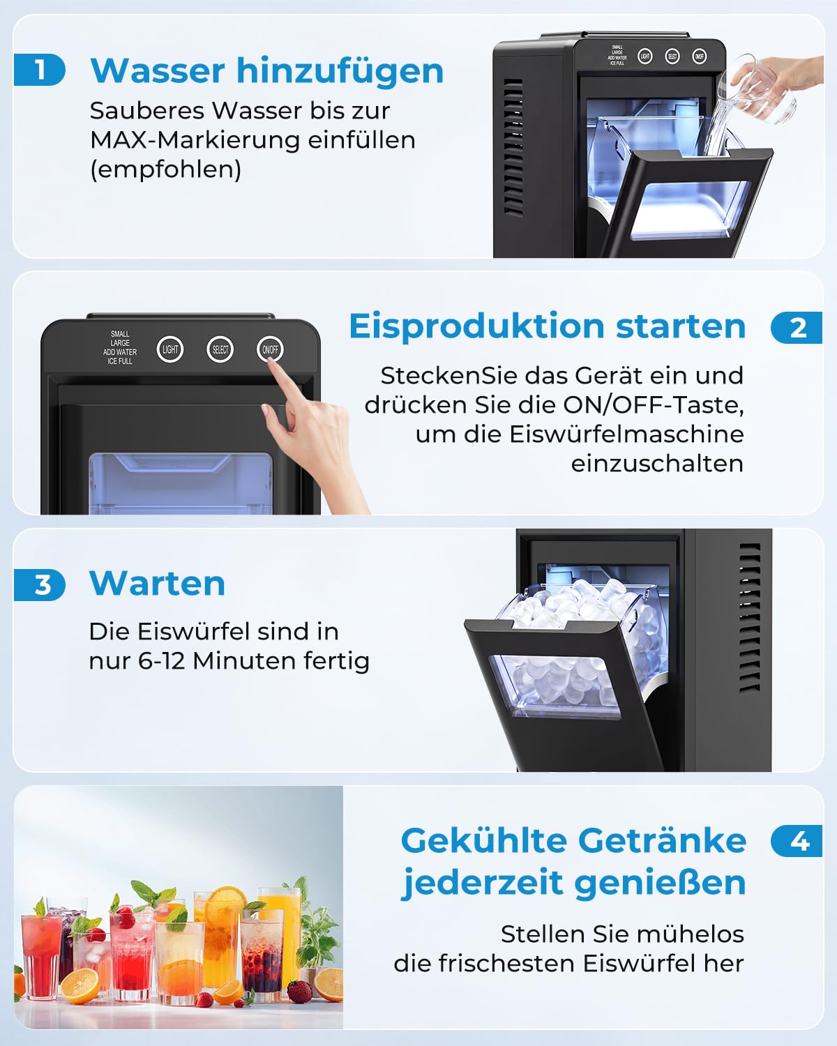 WELLENT Tragbare Eiswürfelmaschine mit Schublade – Schnelles Kugeleis in 6 Min (12kg/24h), 2 Größen, Selbstreinigung – Hygienische Schubladen-Entnahme & Kompaktes Design für Küche, Bar & Büro