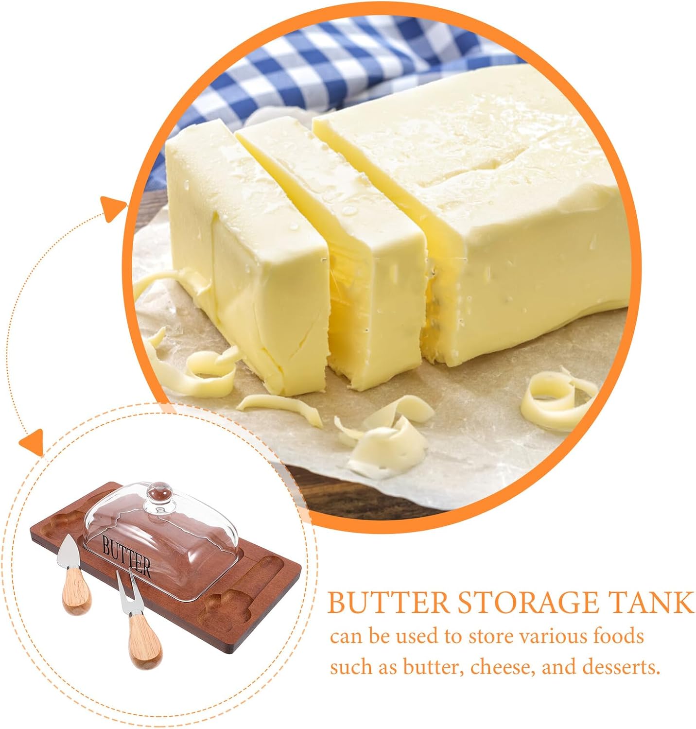 Butter Dish with Lid and Cutter Brown Wood Butter Storage Box with Double Knife and Cheese Preservation Tray for Home Kitchen Use