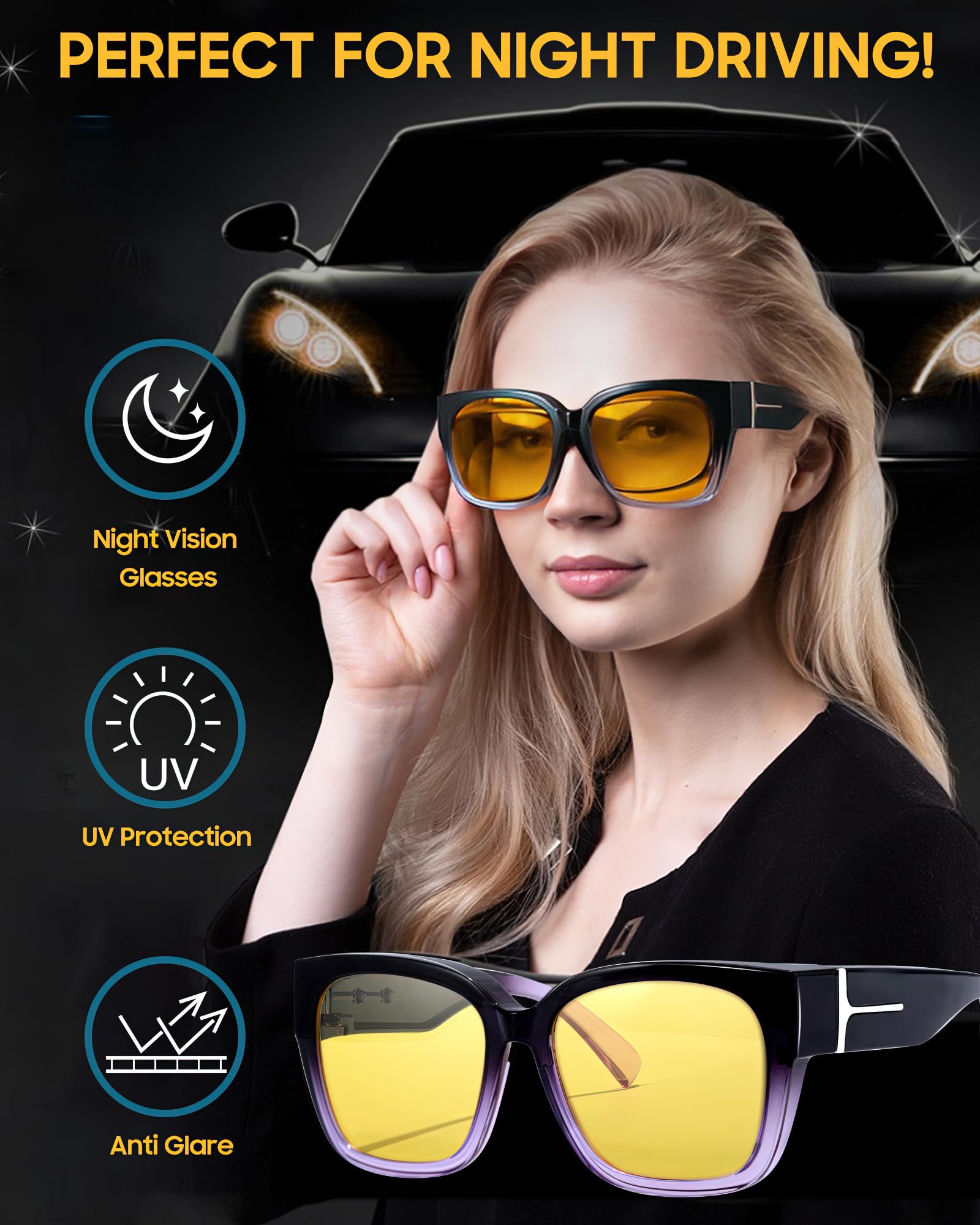 SIPHEW Polarisiert nachtfahrbrille für Brillenträger - Große Überbrille mit gelben Gläsern für Autofahrer: Überzieh-Nachtsichtbrille für Fahren bei Nacht und Tag UV400 Schutz