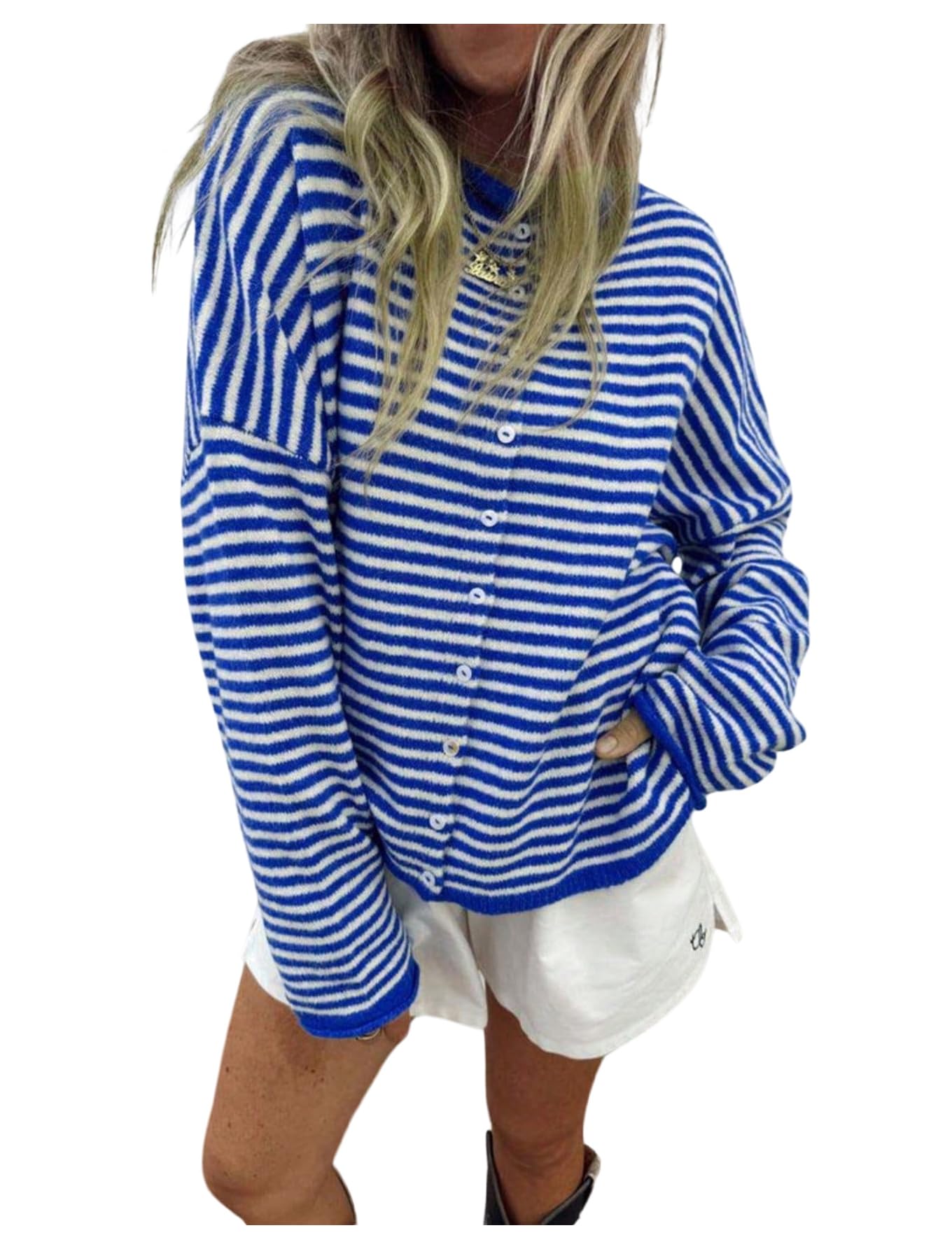 Milumia Womens Striped Button Down Cardigan Sweater Long Sleeve Crewneck Loose Knit Tops