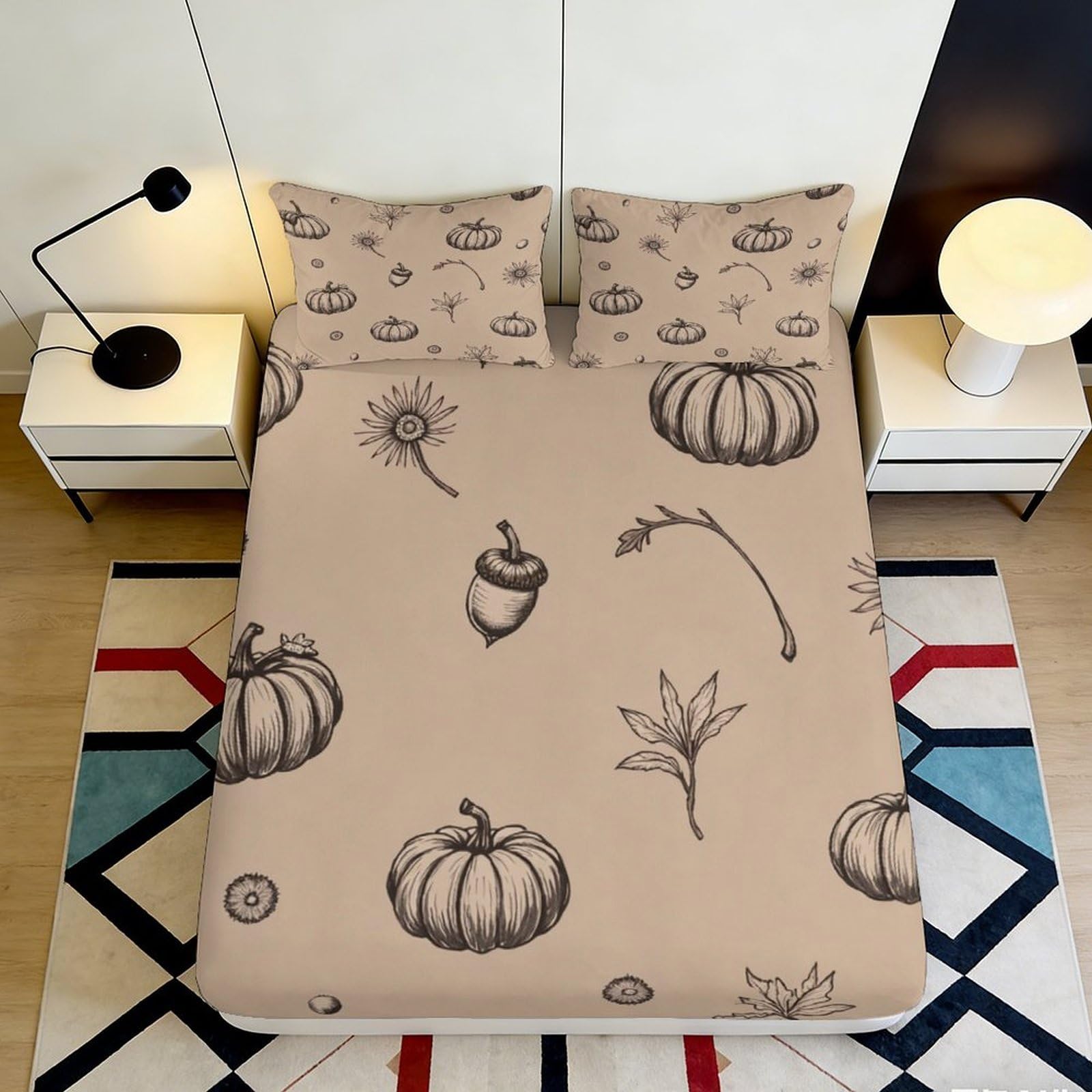 3D Printed Autumn Pumpkin Fitted Sheet Microfiber Soft Breathable Acorn Bed Cover for Bedroom Dormitory Guest Room Mattress Protection Decor 90x200x25cm