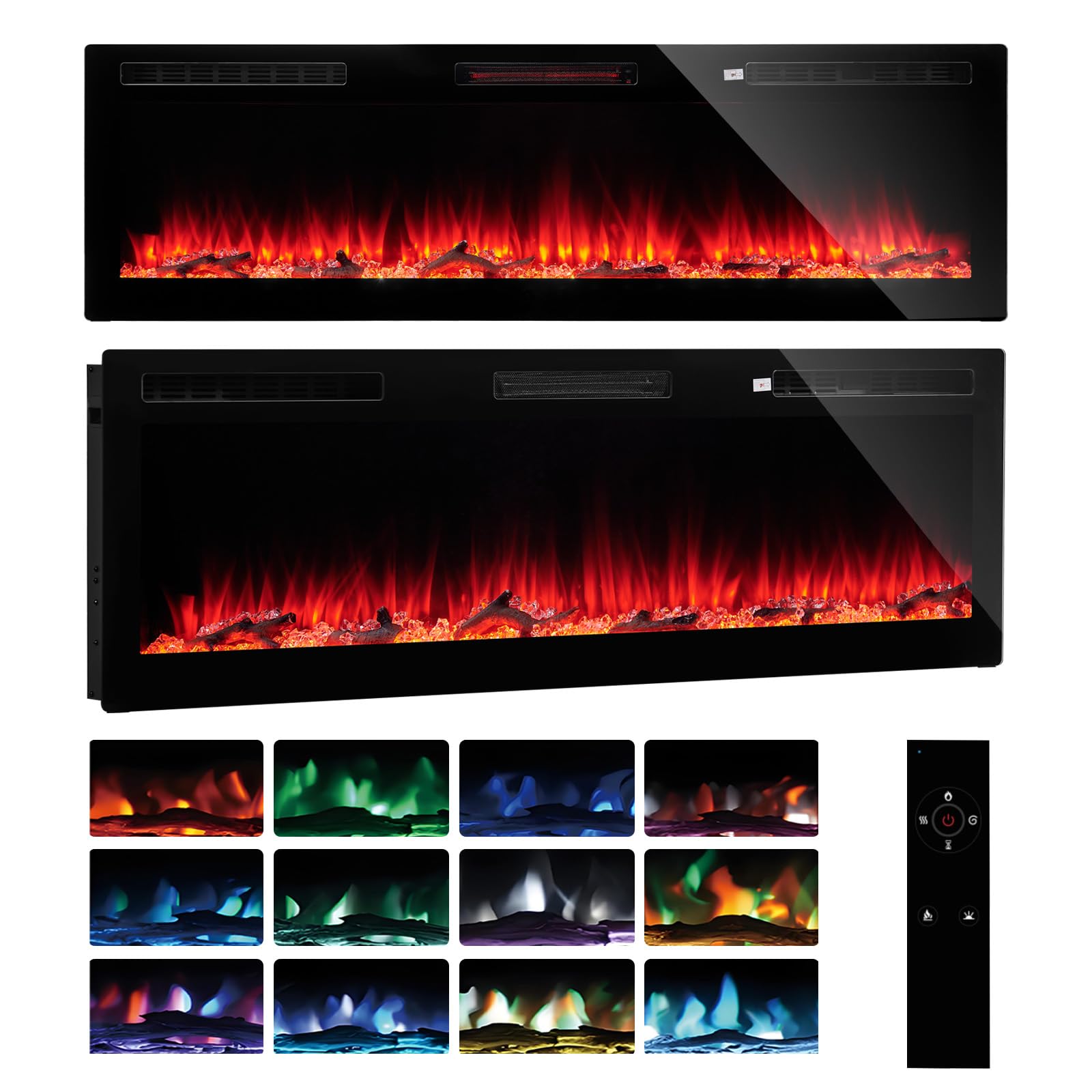 TRIOBLADE Electric Fireplace 50"/60" Wall Mounted/Recessed 12 Flame Color 5 Brightness & Speed 750W/1500W Heater with Overheat Protection Touch & Remote Control Timer 1-8H (Black,60inch/152cm)