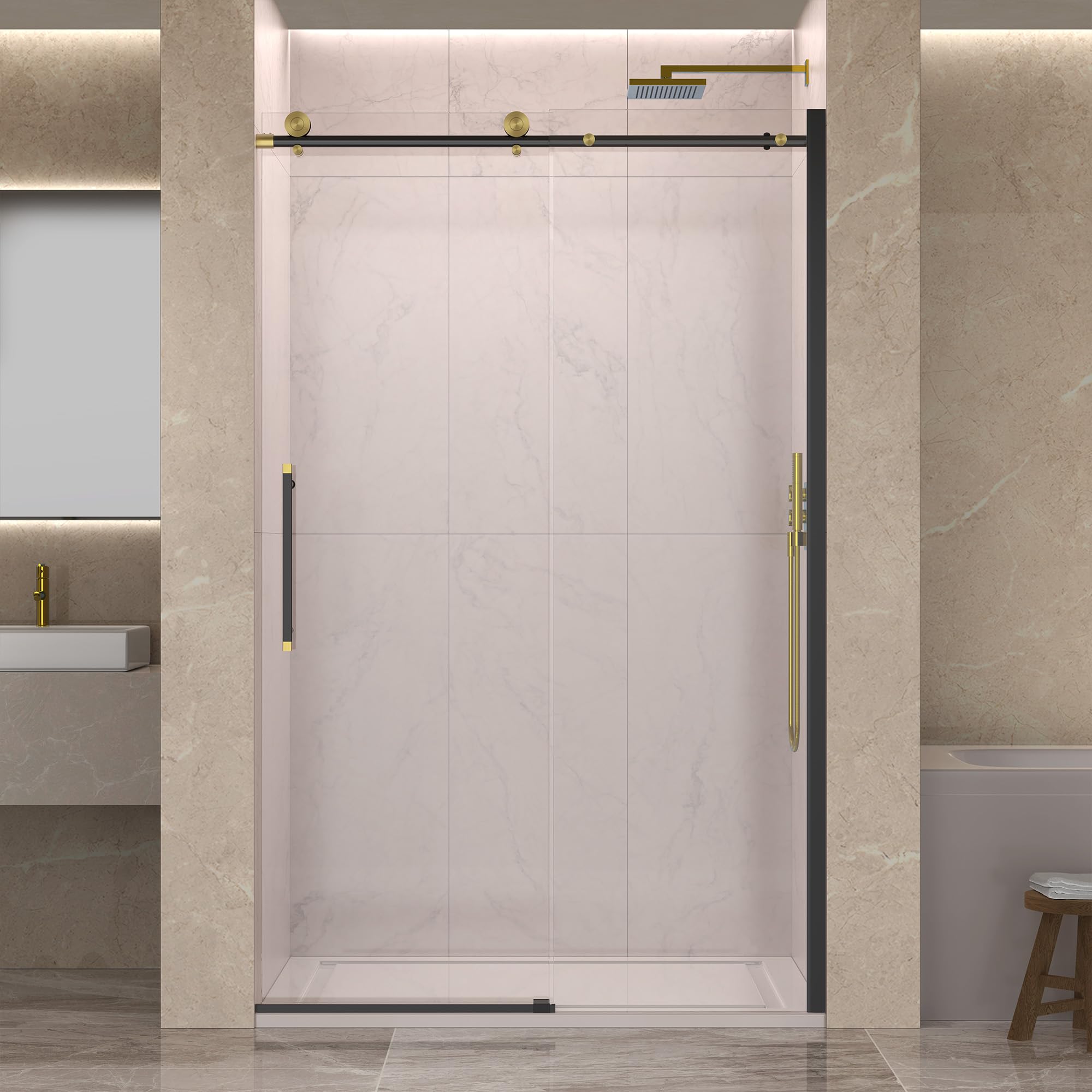 Photo 1 of ENSO SENKA 44-48” x 76” Frameless Shower Door, 5/16" (8mm) Clear SGCC Tempered Glass, Bathroom Glass Sliding Shower Doors, Matte Black w Gold