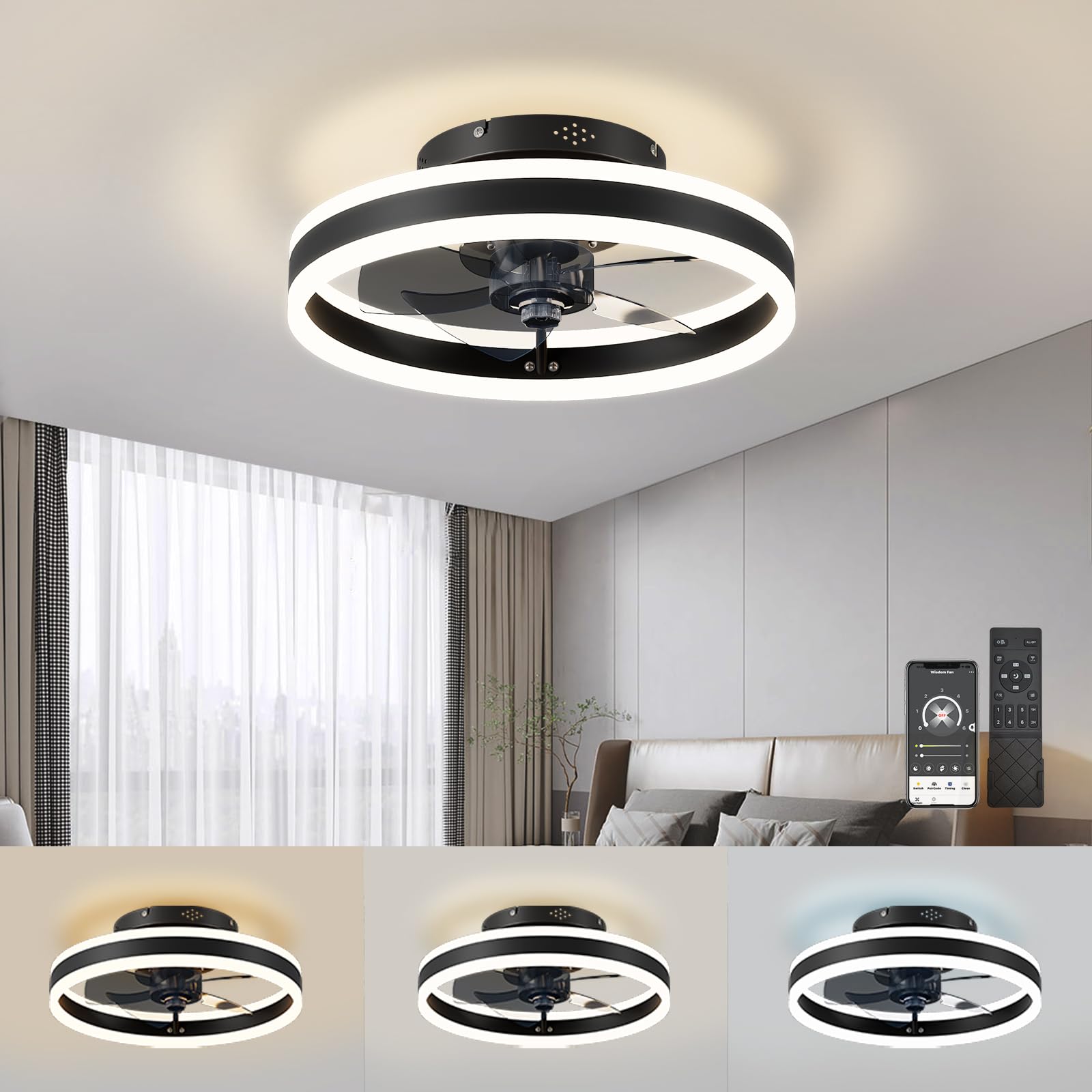 Low Profile 15.7" LED Small Ceiling Fan with Light - Modern, Semi-Enclosed Flush Mount, Smart APP & Remote Control, 6-Speeds, Black - Perfect for Bedroom and Living Room