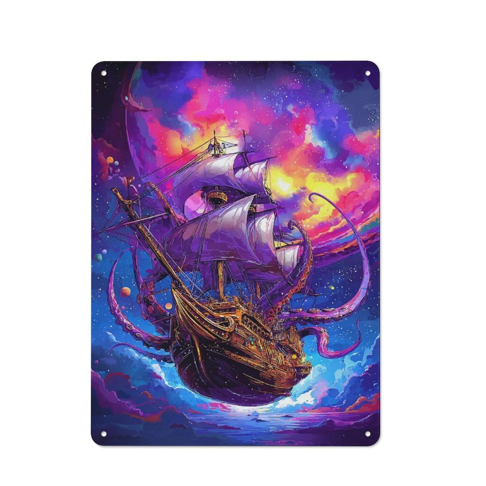 Junmoney Fantasy Ship In Cosmic Sky Loft Style Metal Wall Decor 40X30cm, Decorative Metal Plaque For Loft, Studio, Office Or Creative Room