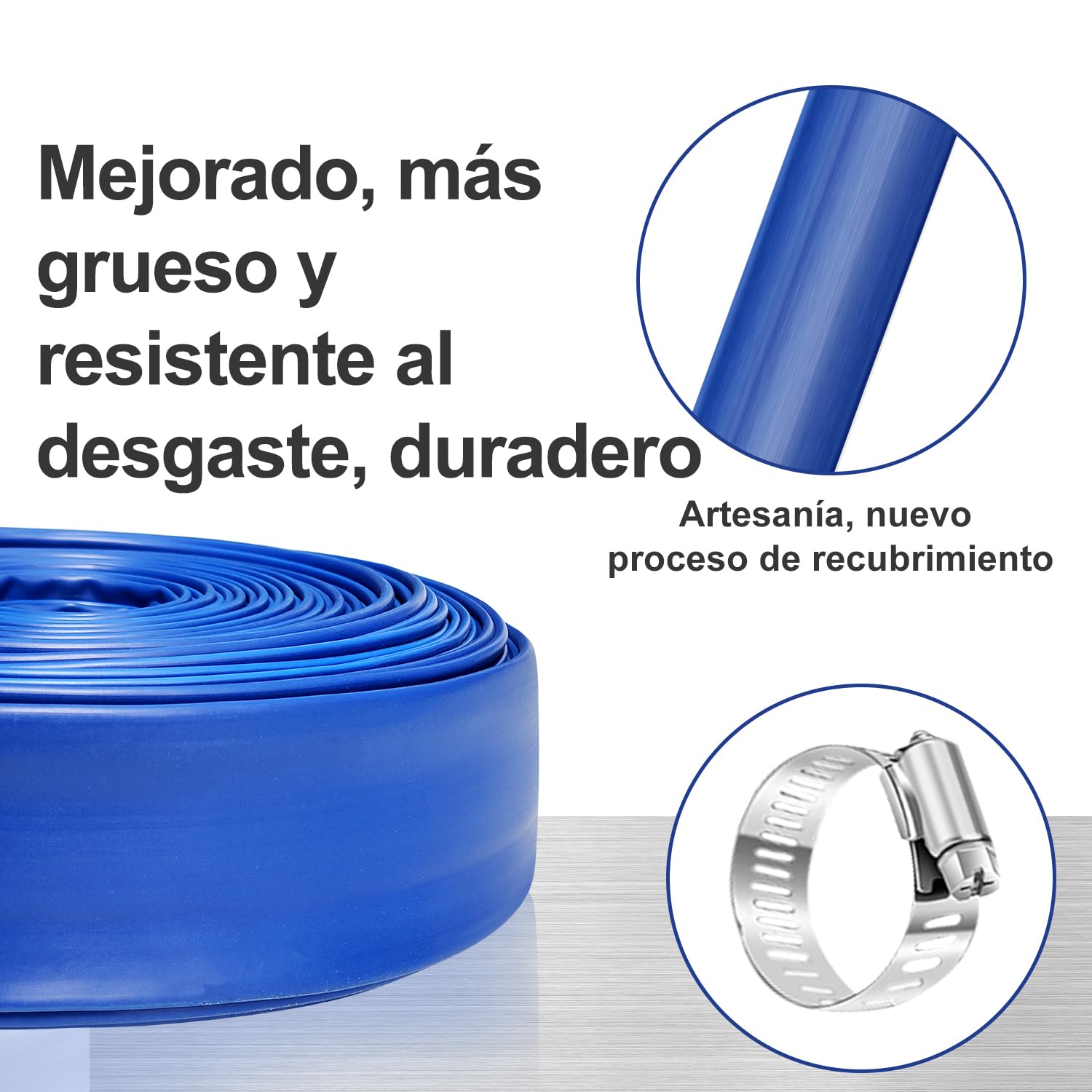 Manguera Plana Flexible con 2 Anillos de Conexión, 15m / Ø38mm Manguera de Descarga para Bombas, Manguera De Agua para Jardín, Piscina, Estanque