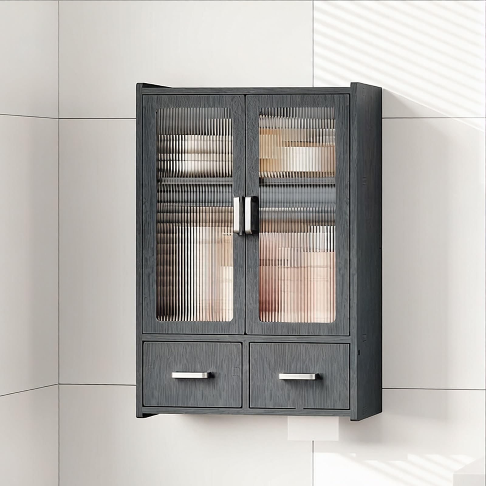 Fluted Acrylic Door Wall Mounted Bathroom Cabinet Over Toilet Sto With Shelves Slish Pvc Mcine Cabinet For Kitchen & Laundry Room,Black-40*18*60Cm/15.7*7.1*23.6In,Black-40*18*60cm/15.7*7.1*23.6in