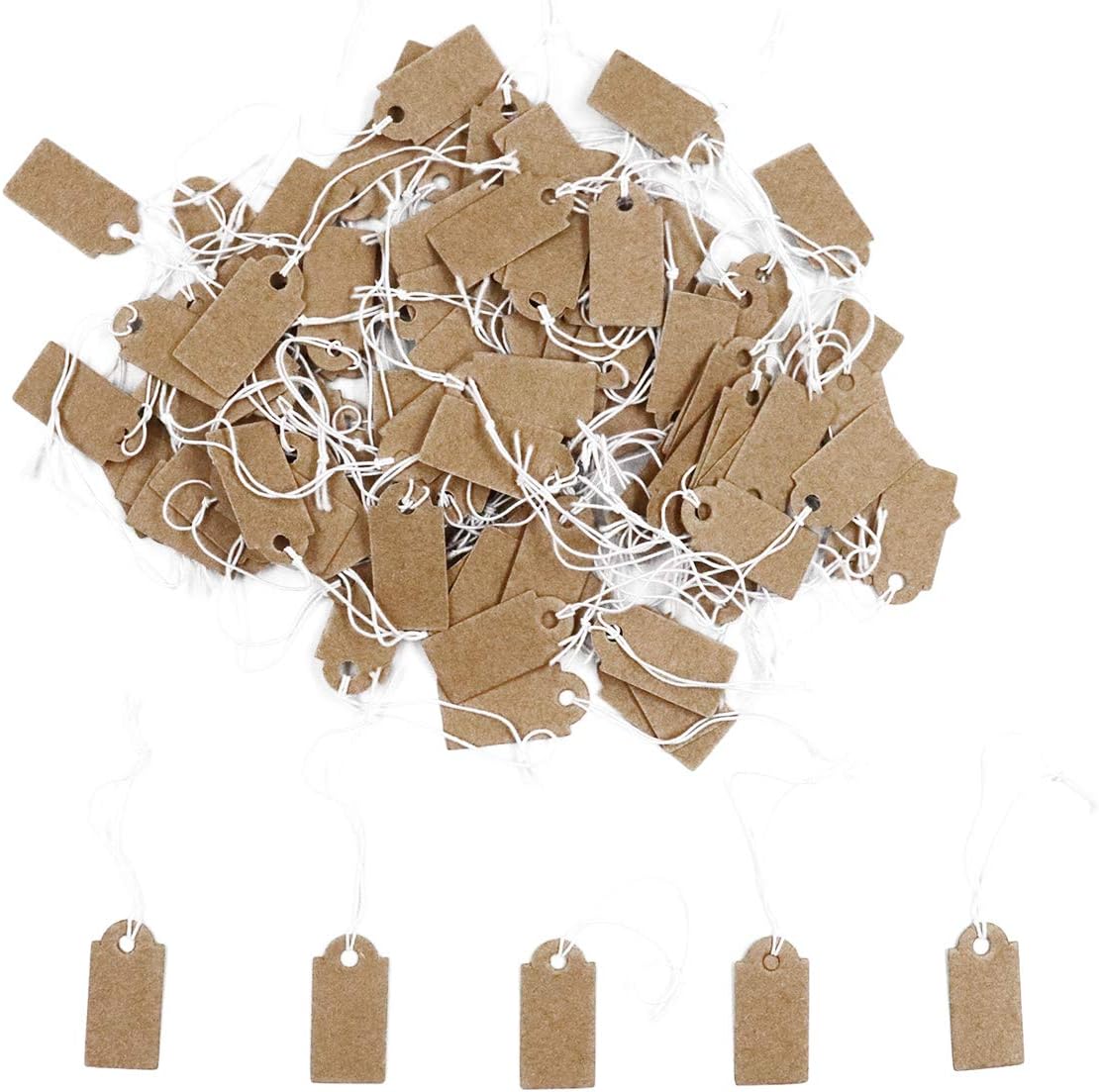 Sowaka 100 Pcs Display Tags with Hanging String Mini Writable Blank Label Display Tags for Jewelry Store Price Marking Ornament Pricing Product Clothing Hanging Tags (Small, Kraft)