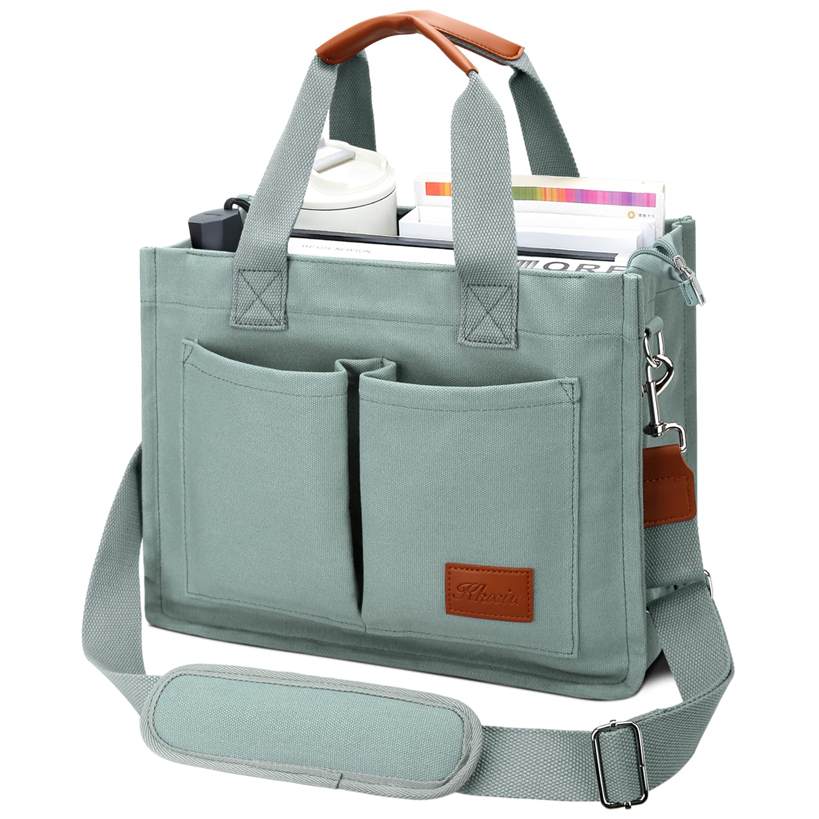 KKXIU Large Canvas Tote Bag for Women with Zipper and Compartments Crossbody Work Bible Messenger Purse Bag With Pockets