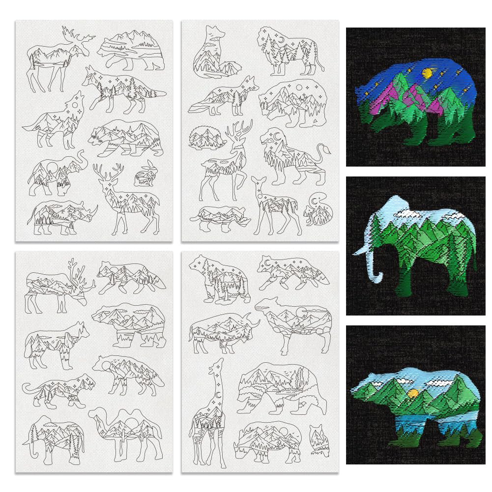BENECREAT 4Sheets 35Pcs Forest Animals Mountain Water Soluble Embroidery, 11.7x8.3inch Wolves Deer Bear Stick and Stitch Embroidery Paper Stabilizer Water Soluble Hand Sewing for Shirts, Coats, Bags