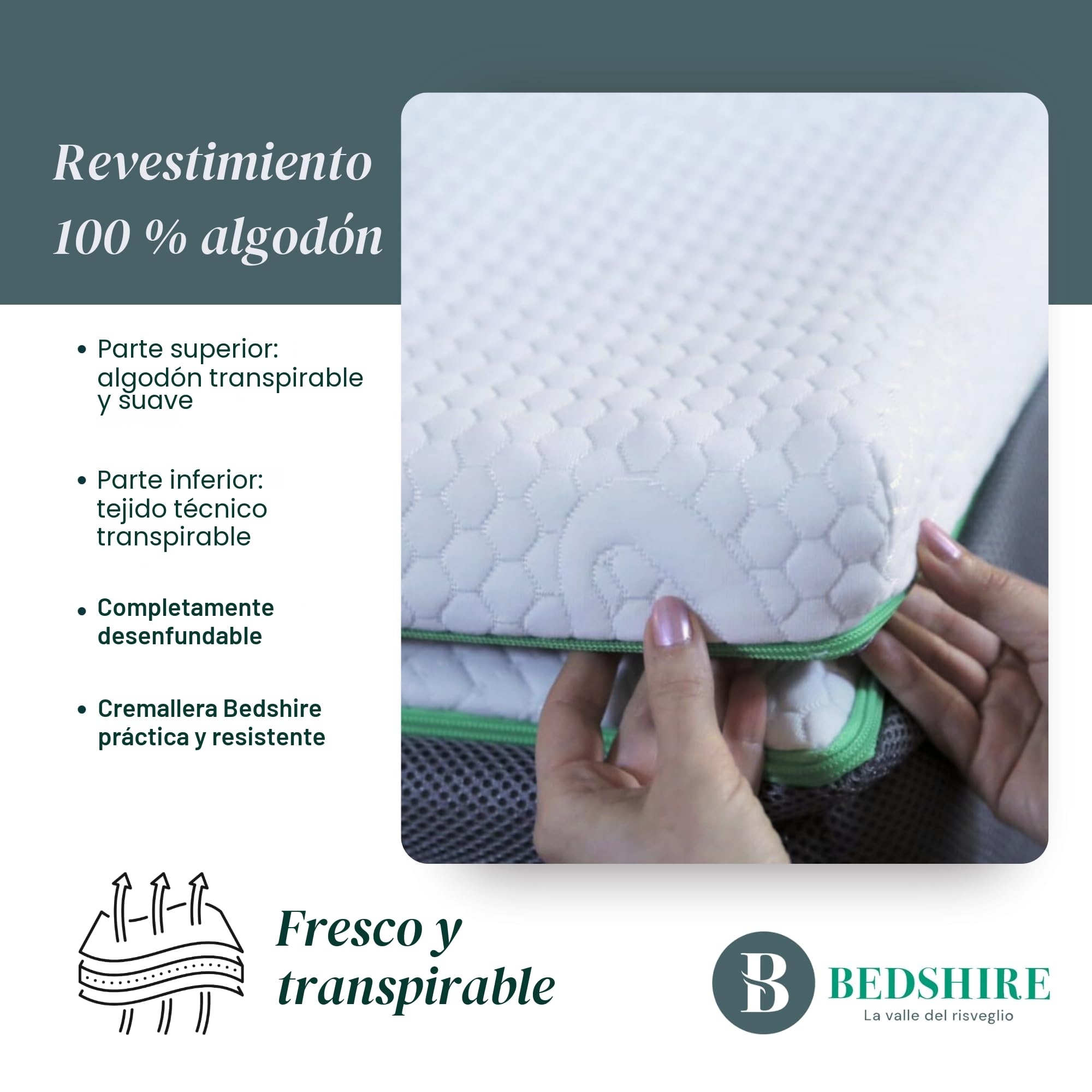 Bedshire Sobrecolchón Matrimoniale de 180x190 cm, Topper con Espuma viscoelástica Memoria de 6 cm de Alto con Revestimiento extraíble, ortopédico, Fabricado en Italia 100%