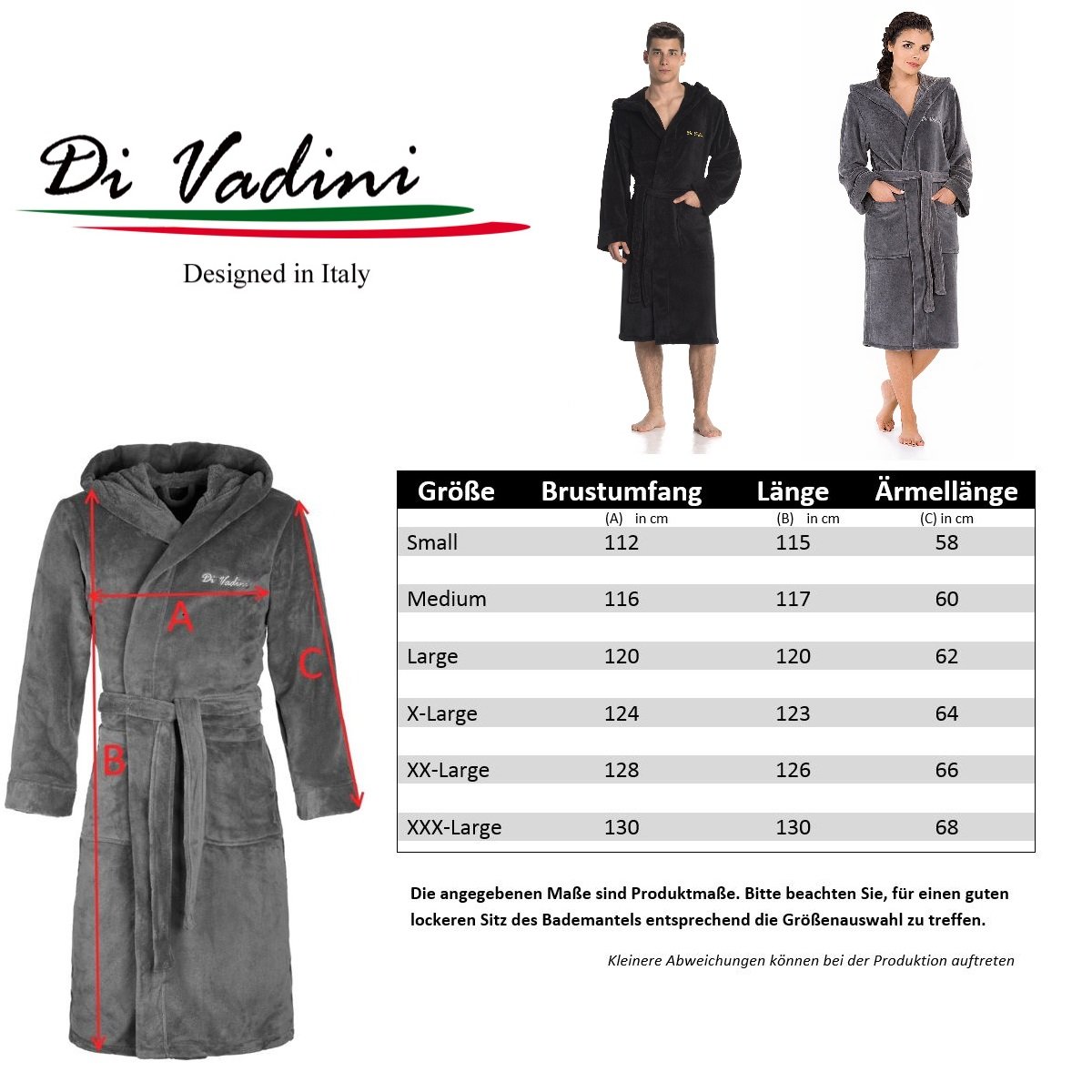 Di Vadini Florenz Peignoir à capuche pour homme et femme Unisexe I Vêtement de nuit en microfibre élégante Certifié Öko-Tex Standard 100 I Kimono avec couleurs et tailles XXS - 5XL