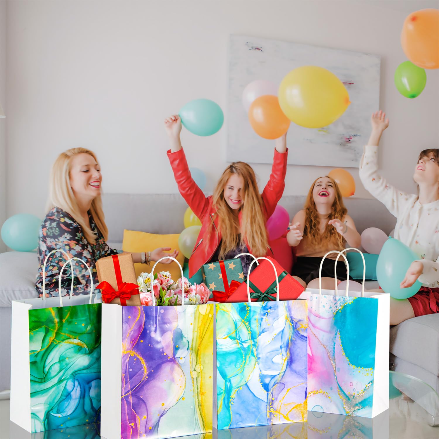 PINWATT 24 szt. marmurowych torebek na prezenty z chusteczkami, kolorowe torby imprezowe z uchwytami, idealne dla dzieci i dziewcząt, na przyjęcia urodzinowe, ślub, zakupy, baby shower, 4 różne wzory