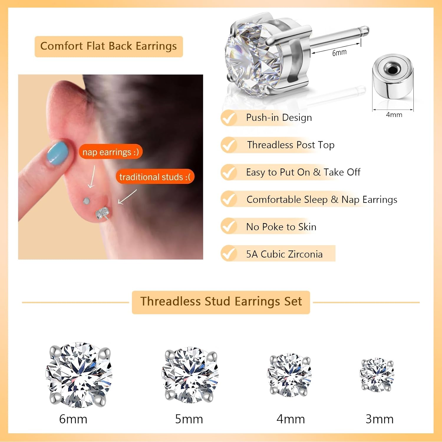 Push-in Cubic Zirconia Flat Back Stud Earrings for Women Men, 14K Gold Plated Hypoallergenic Surgical Stainless Steel Earrings Simulated Moissanite Diamond Studs Set Piercing Earrings 3-6mm - Image 2