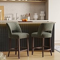 VKNOW Green Upholstered Counter Height Bar Stools Set of 2, Mid-Century Modern with Curved Backrest & Wood Legs for Kitchen Island