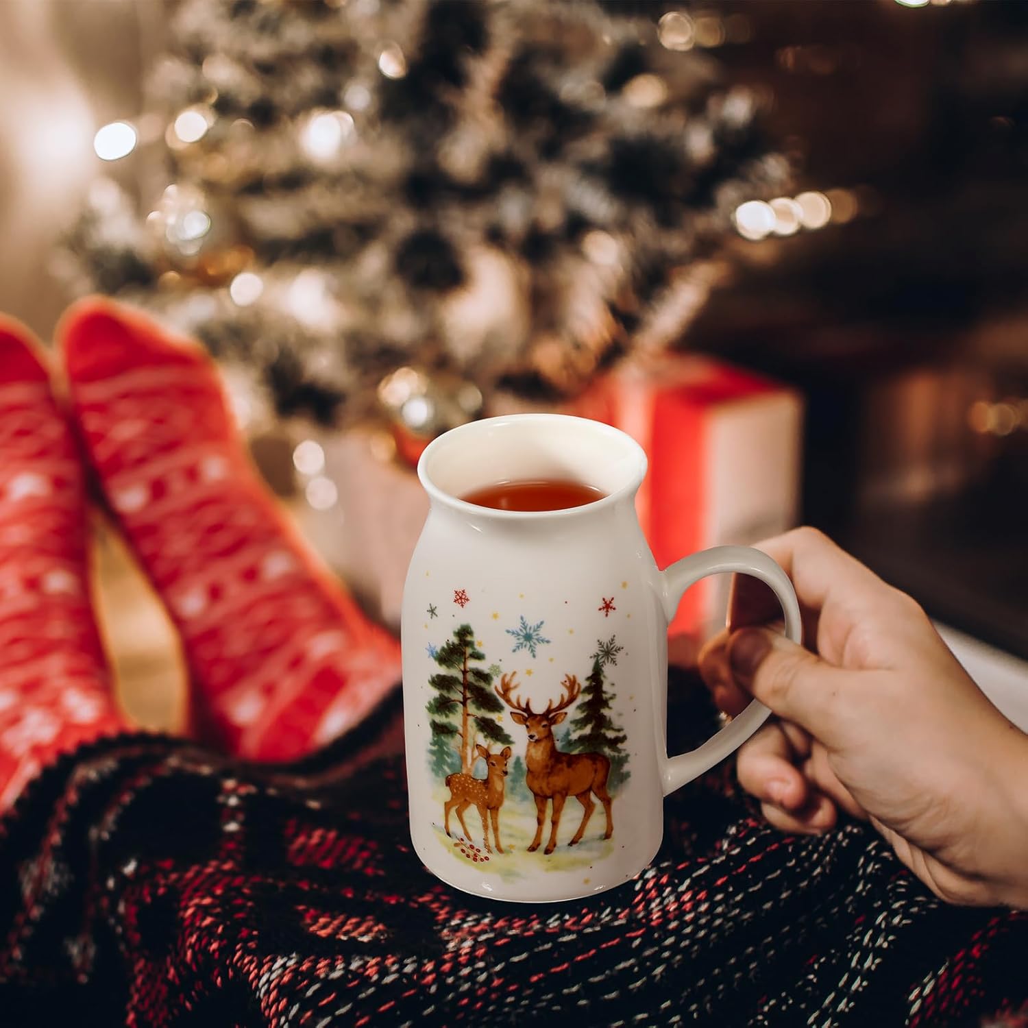 Hushee 13.5 oz Ceramic Christmas Mugs Set of 4 with Gift Box Xmas Coffee Mugs with Festive Pattern Design Reindeer Xmas Tree Snowman Truck Christmas Gifts for Women Men(Watercolor)