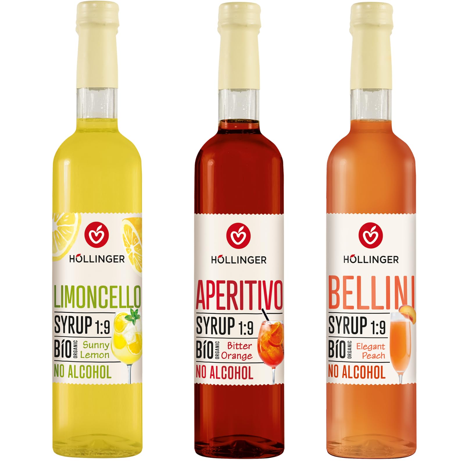 HÖLLINGER Bio Cocktail Sirup Set Viva Italia, Alkoholfrei, Limoncello, Aperitivo, Bellini, 3x500ml, Vegan, 1:9 Konzentrat
