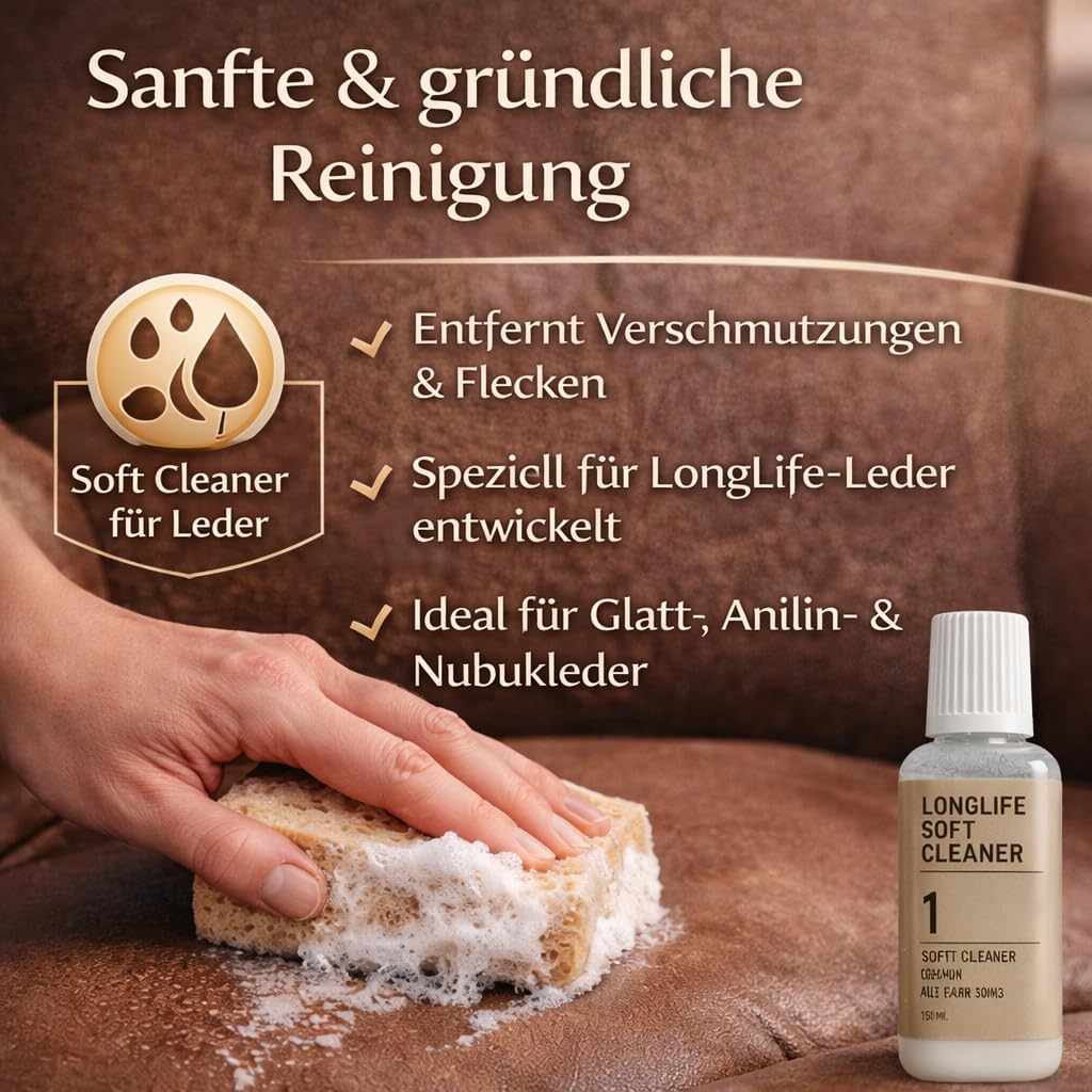 Uniters Longlife Leather Care Kit d'entretien du cuir 2 x 150 ml nettoyant et crème de protection pour cuir avec éponge et chiffon, nettoyage, entretien et protection pour cuir lisse, canapé, fauteuil