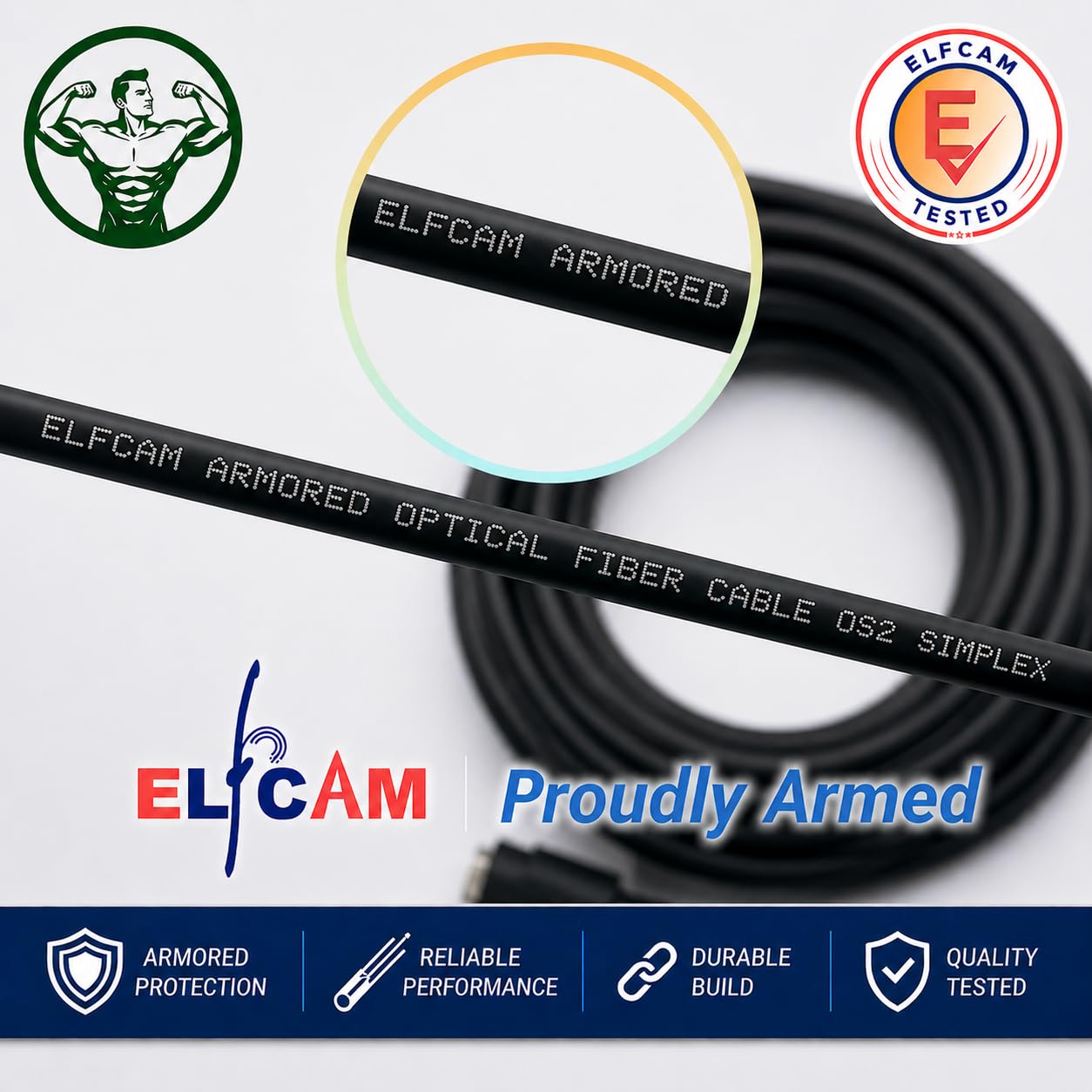 Elfcam® - Cavo Fibra Ottica con Armatura in Acciaio Corrugato LC/APC per LC/APC Simplex Monomodale, OS2 9/125µm, Nero (50M)