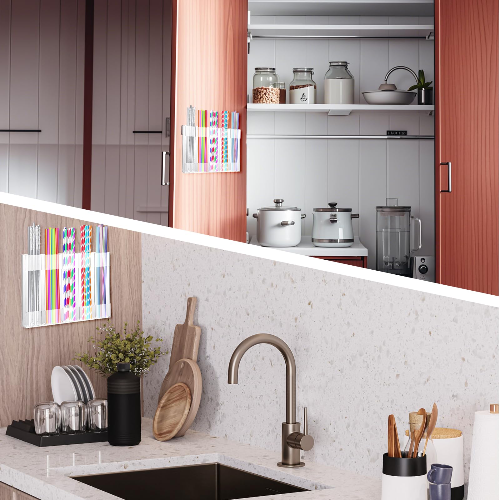 MOXIMAOYI Acrylic Straw Holder Reusable Straw Organizer with Double Sided Adhesive Tape Straws Dispenser for Cabinet Kitchen Door (transparent)