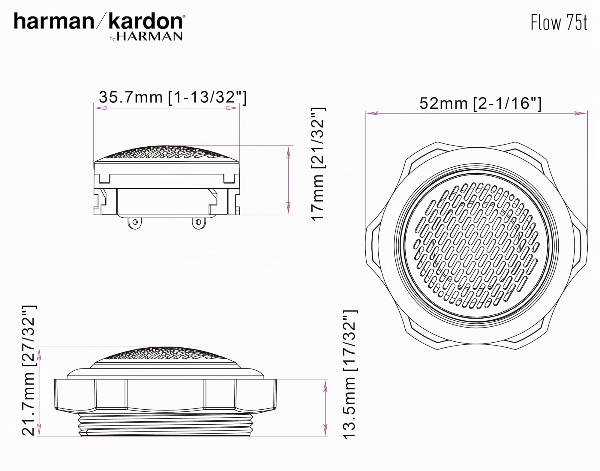 Harman Kardon FLOW 75T Tweeter a Cupola in Seta 19mm 3/4 Pollici 120W RMS Edge-driven Audio Alta Risoluzione 40kHz Impedenza 4 Ohm per Prestazioni Alti Smooth e Cristalline in Auto