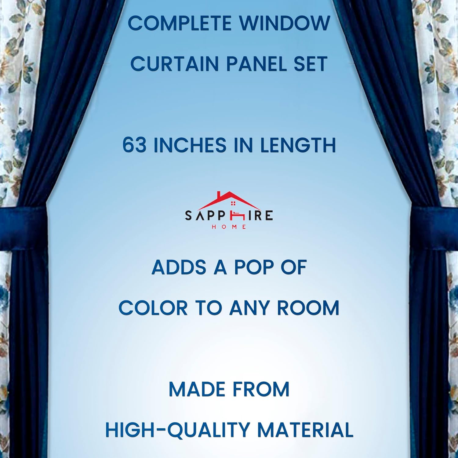 Sapphire Home Sheer Curtains - Two Tone 4 Panels Set w/Valance & Tiebacks, 55"x63", Lightweight Light-Filtering Window Curtain for Living Room, Bedroom, Kitchen, Dining Room - Blue Rose and Navy