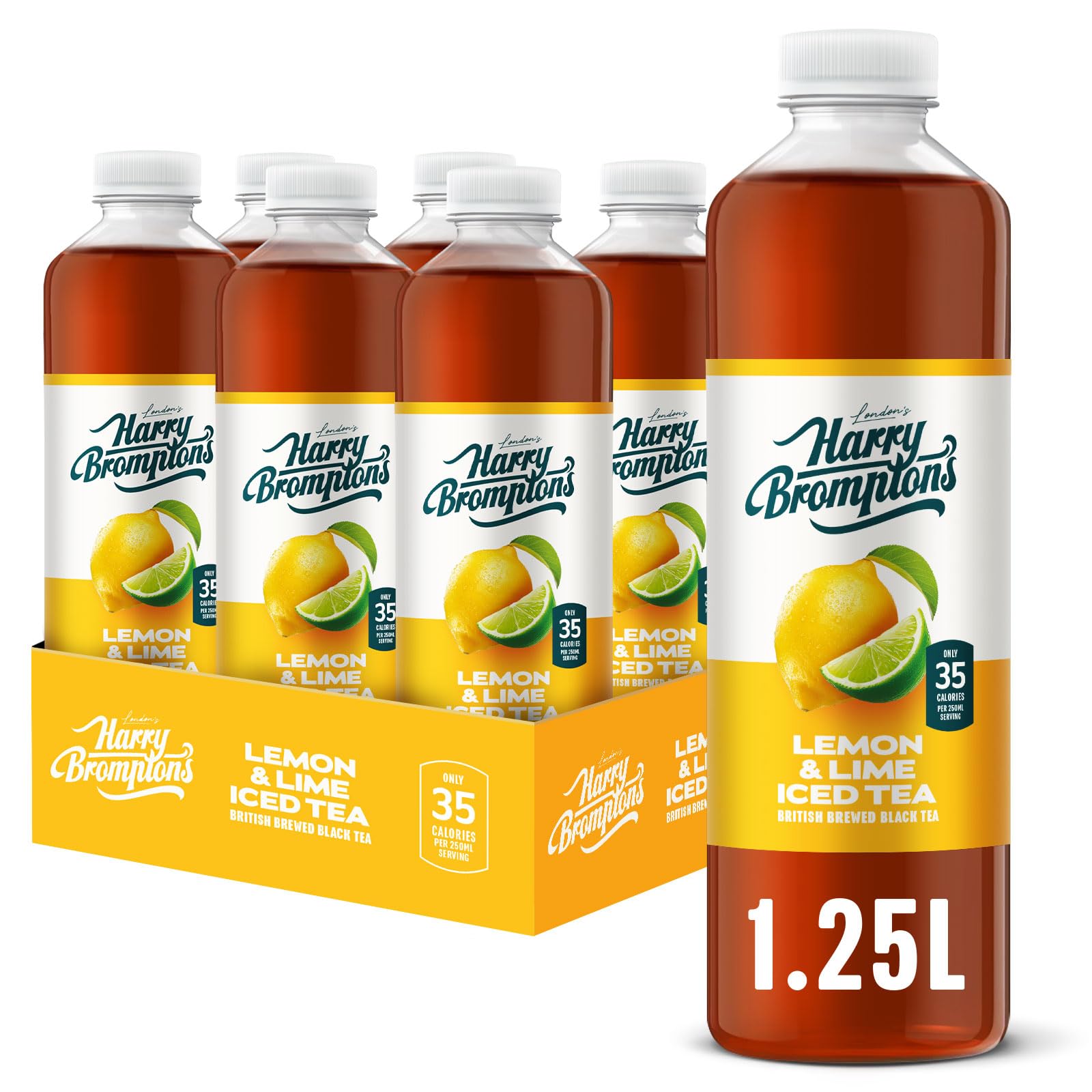 Harry Brompton’s Lemon & Lime Iced Tea (6 x 1.25L Bottles) – Refreshing – British Brewed – Made with Black Tea & Real Lemon & Lime Juice – Low Calorie, No Artificial Sweeteners