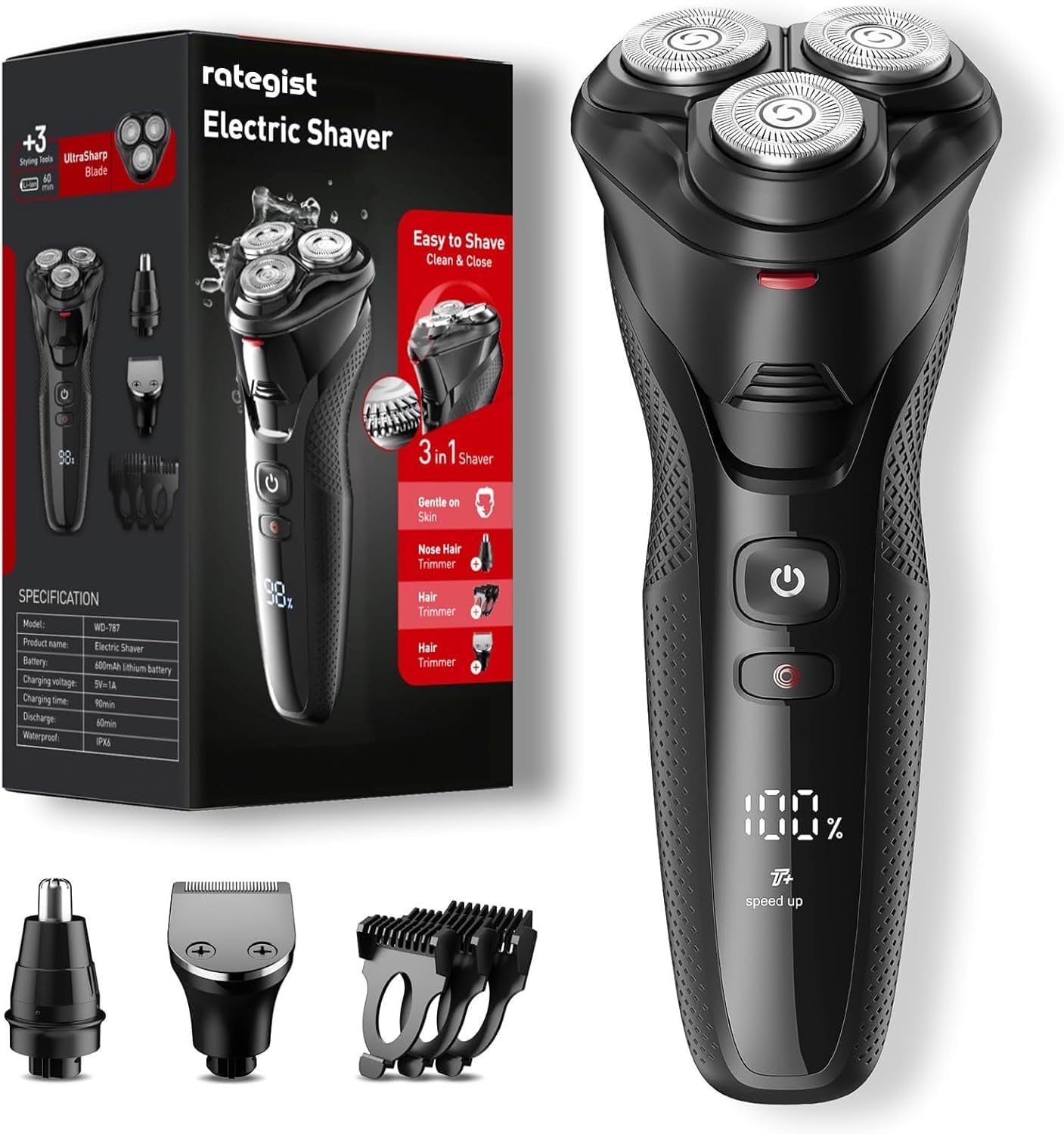 Cordless Electric Razor for Men: 3-in-1 Shaver for Beard/Nose/Sideburns - IPX7 Waterproof Travel Kit - Turbo Speed
