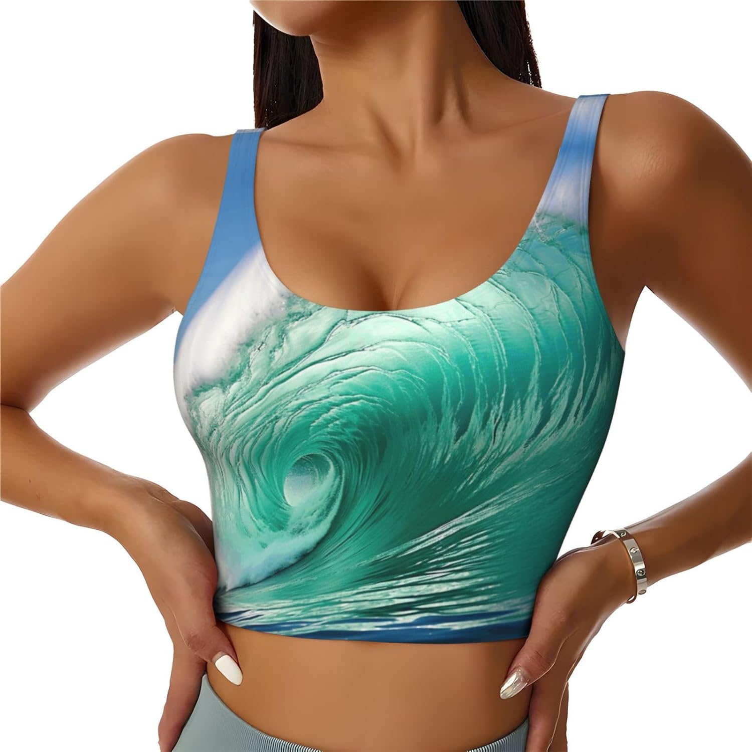Ocean Wave Print Sports Bras for Women Funny Yoga Crop Tank Tops for Exercise Running Cycling Gym