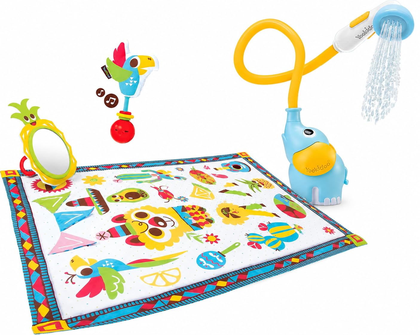 Yookidoo Fiesta Spielmatte & Baby Duschkopf Bundle – XL Spieldecke 145 x 100 cm mit Sensorischem Spielzeug + Elefanten Baby-Badewannen Duschkopf