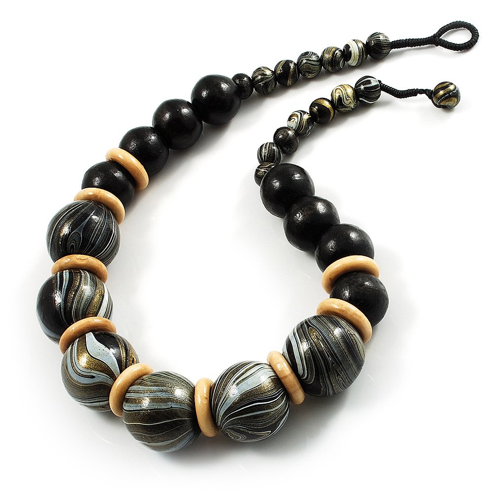 Avalaya Collana Grossa Con Perline In Legno Fuso: Arancione/Oro/Nero, Lunga 48 Cm, Stile Etnico