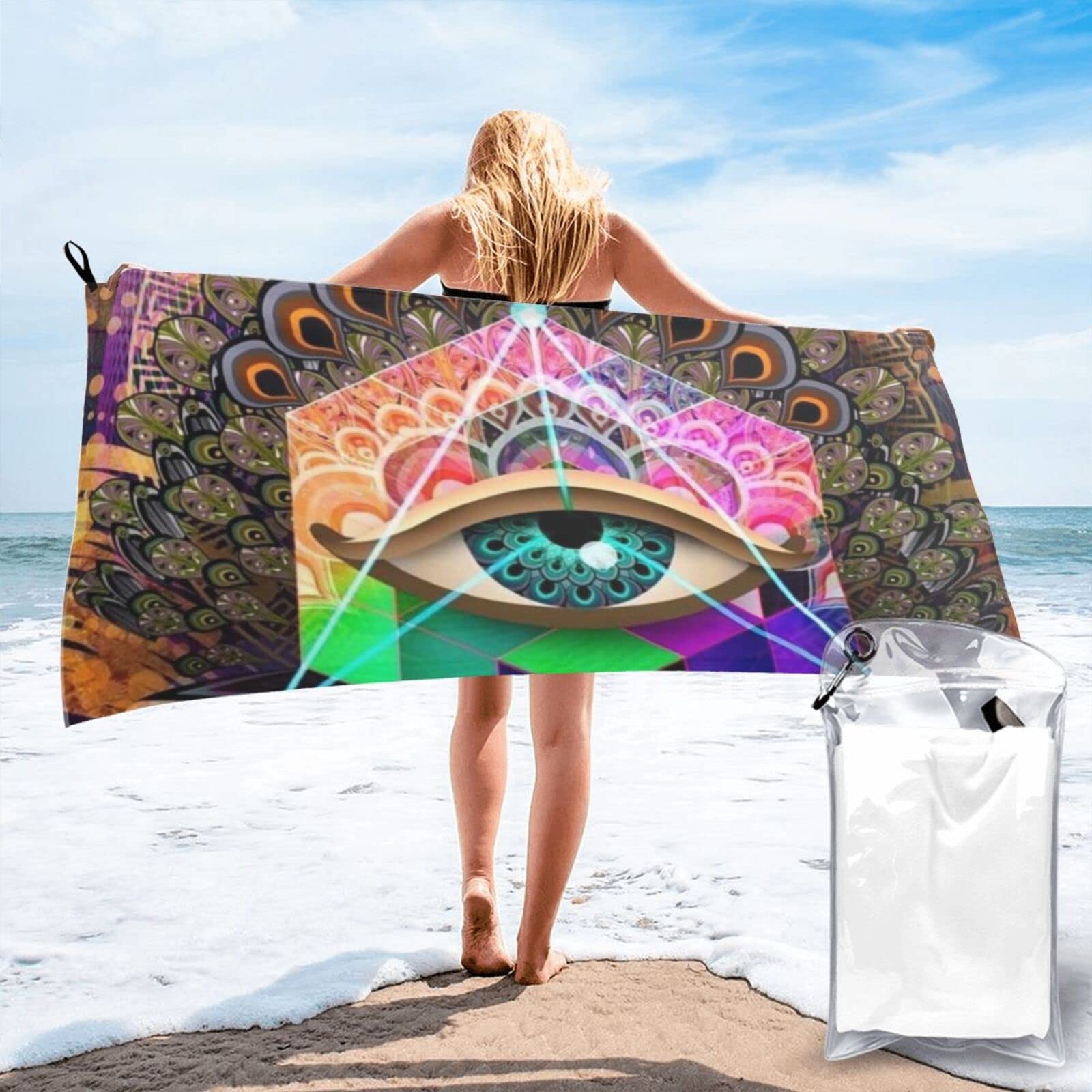 Lawenp Colorfully Eye Microfiber Beach Towel Adults Large Quick Drying Bath Towel Travel Towels with Pouch 31.5"x63"
