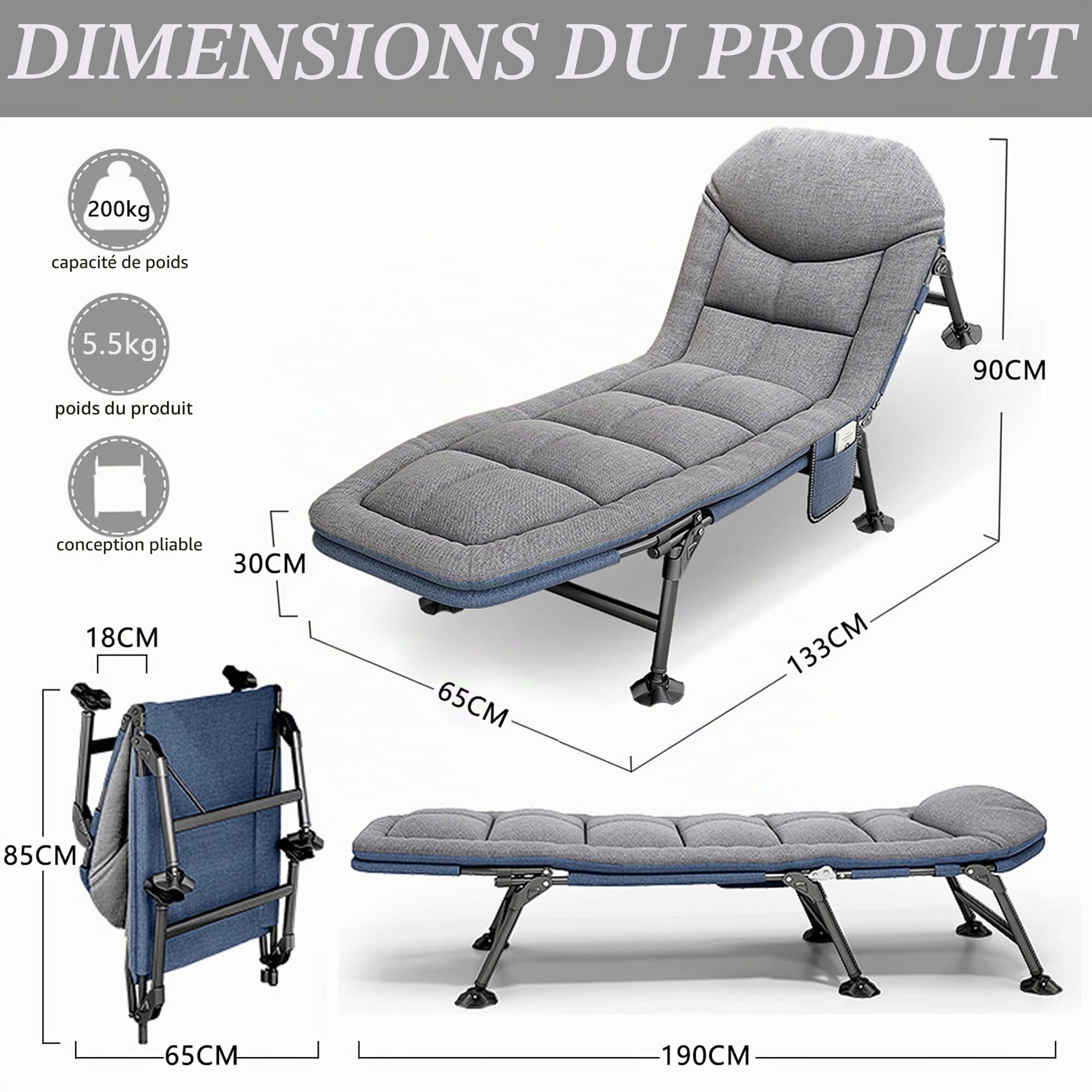 Chaise Longue de Camping à 6 Pieds avec Matelas, Lit de Camp Pliable pour Adultes, Portable pour l'Extérieur, Voyage, Maison, Jardin et Bureau