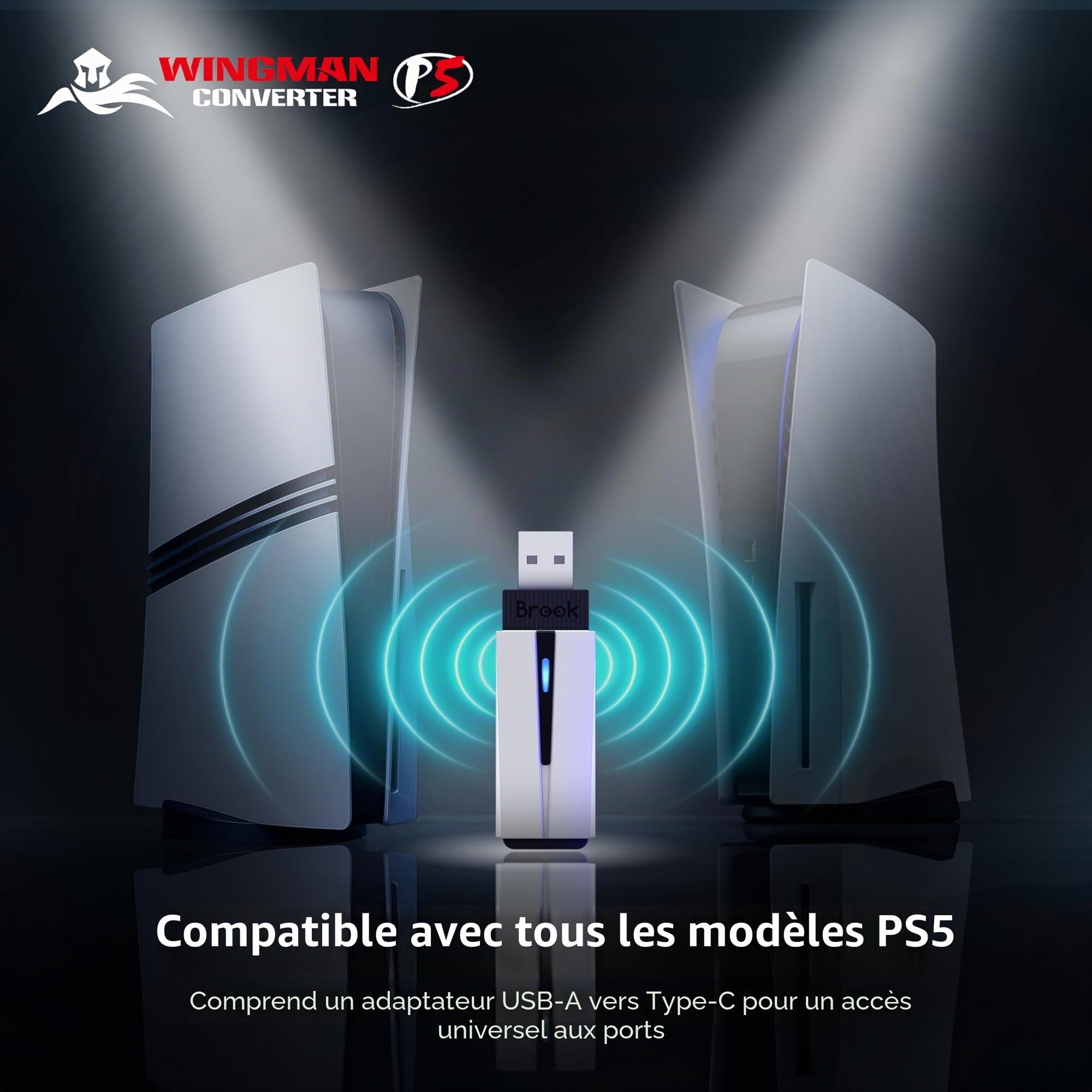 Brook Wingman P5 - Convertisseur de contrôleur PC P5 P4 avec support sans fil et filaire, vibration, mouvement six axes, turbo, macro, remap via le logiciel Converter Center (version exclusive)