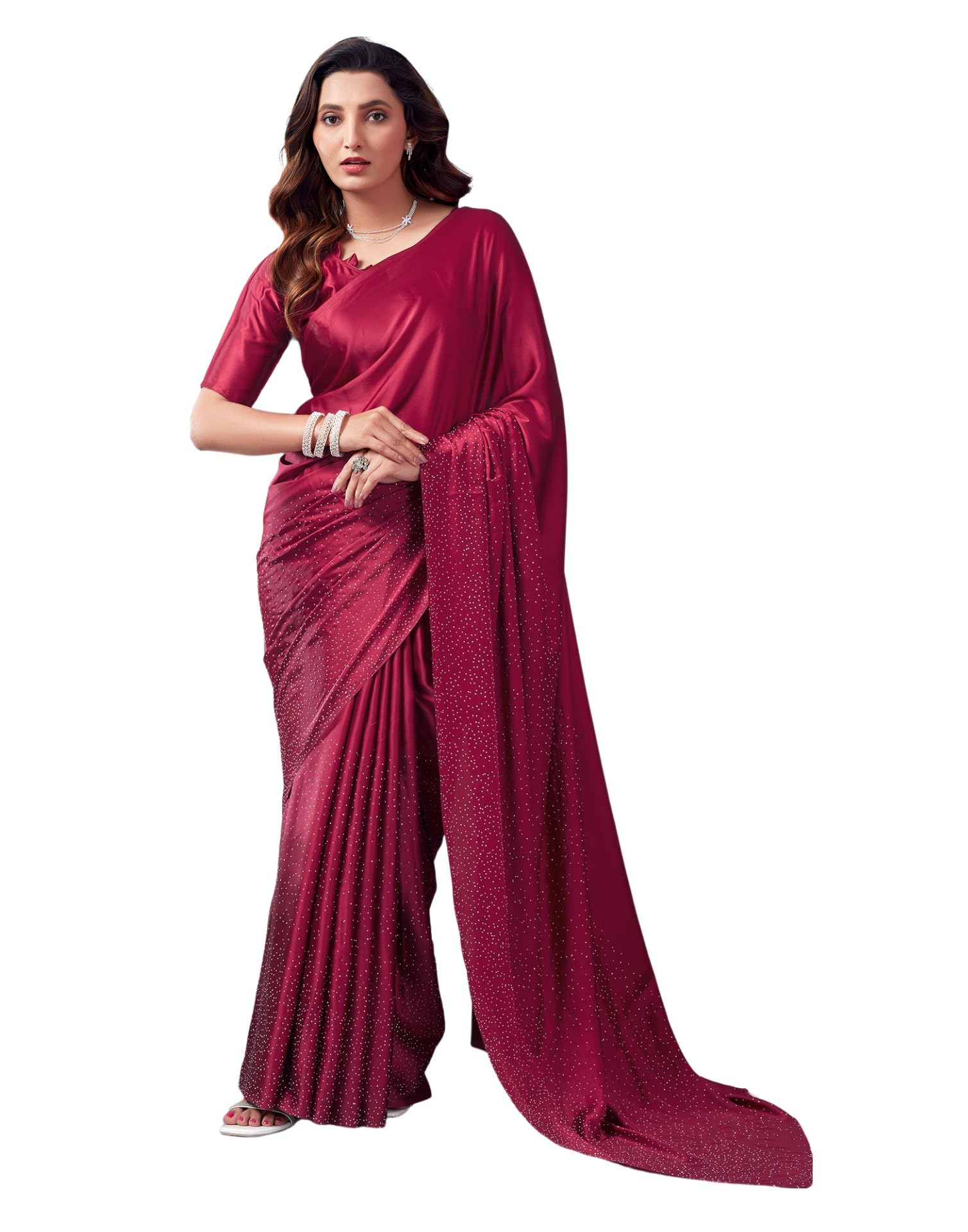 SIRILWomen's Satin Silk Hot Fixing Saree with Unstitched Blouse Piece