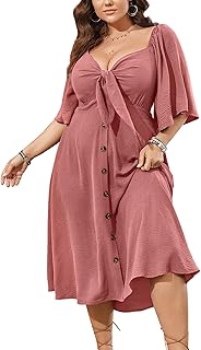 Plus Size Summer Dress Casual Short Sleeve Bow Tie Deep V Neck Smocked Button Down Midi Flowy A-line Boho Dresses - Buy now