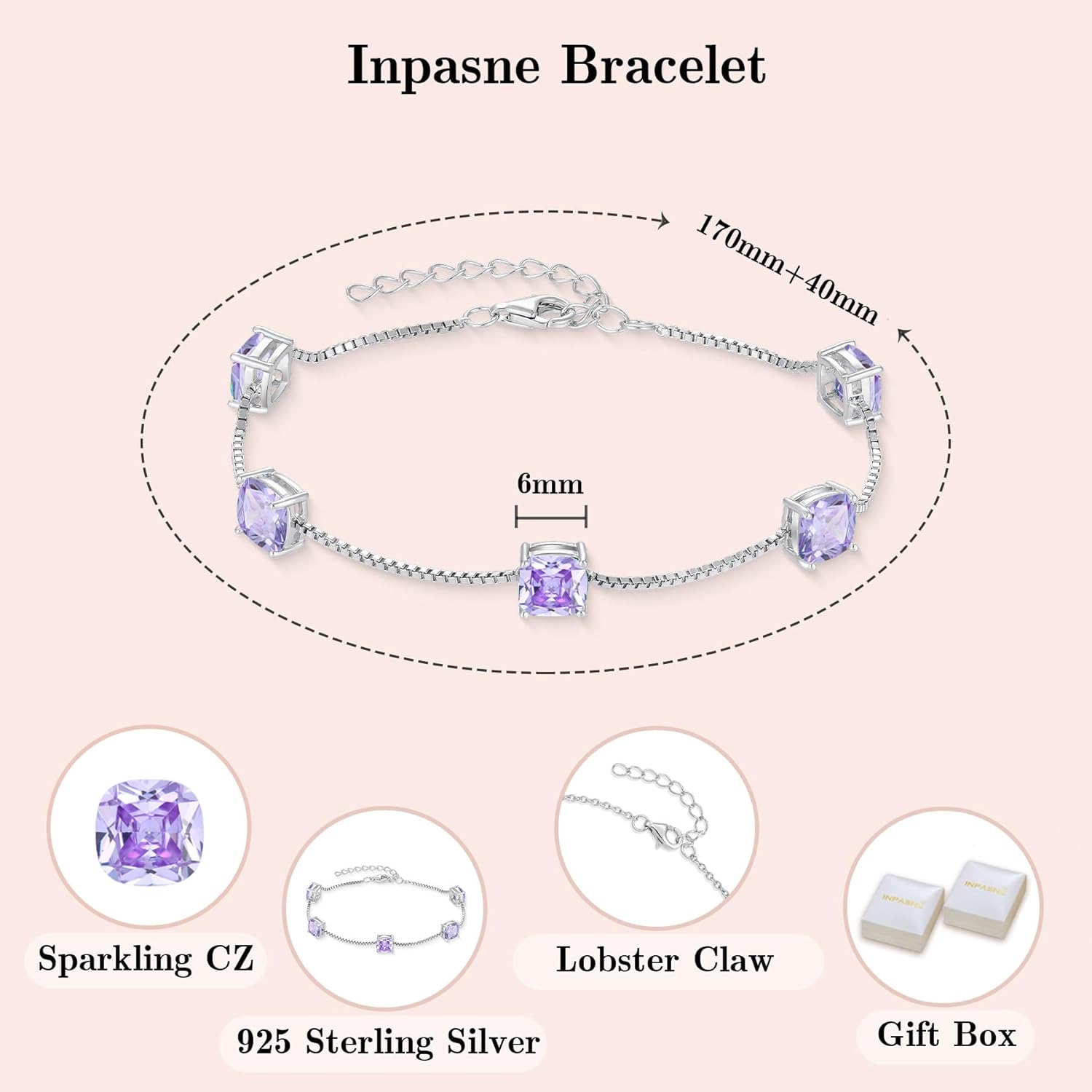 Birthstone Bracelet for Women 925 Sterling Silver Dainty Princess Cut Link Bracelet Jewelry Gifts for Her - Image 6