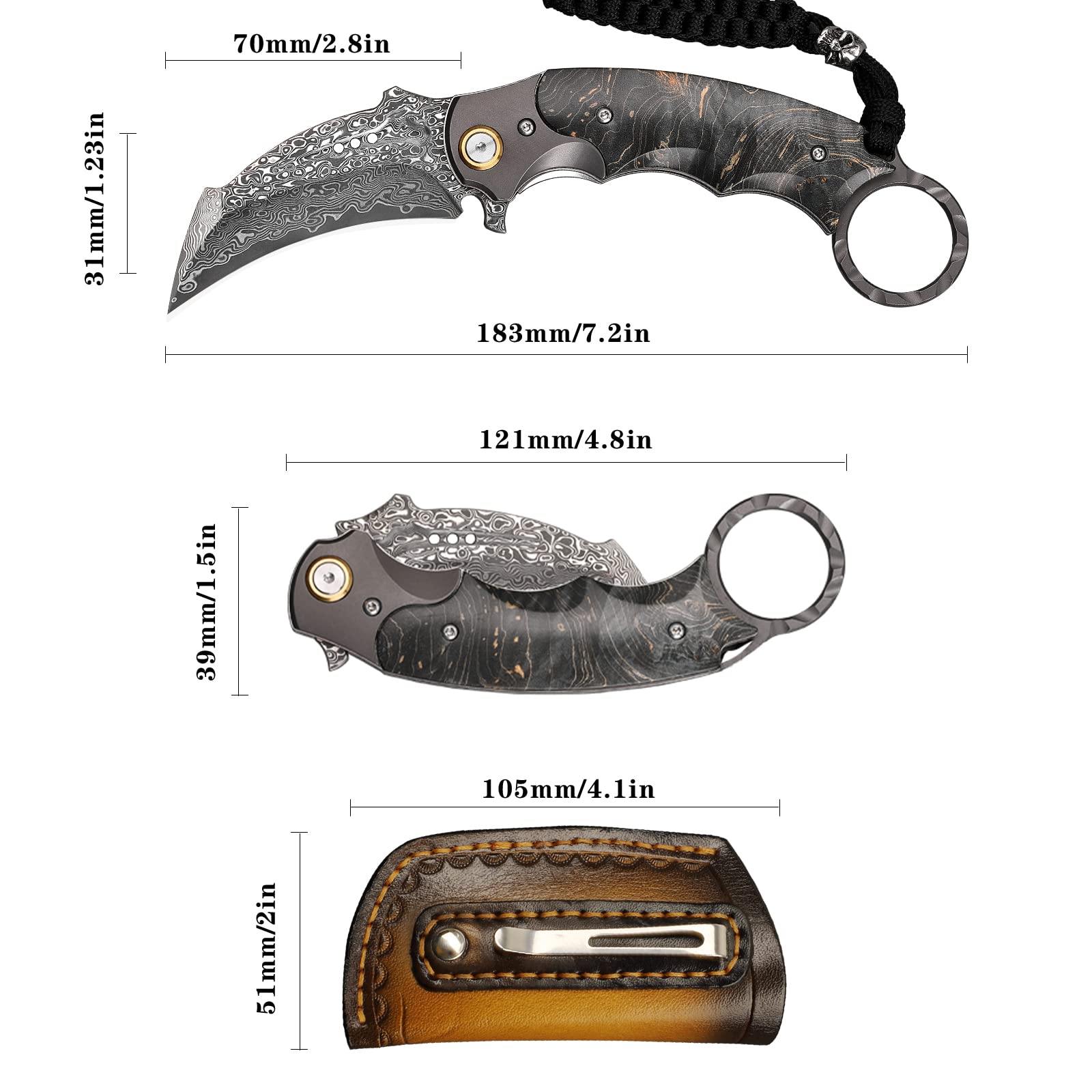 Handgefertigtes Damaszener-Stahl-Klappmesser, mit Rindslederscheide und Taschenclip, 2.8in Klinge, Klappmesser Taschenmesser, Holzgriff, Männer und Frauen Outdoor-Camping-Dienstprogramm Messer