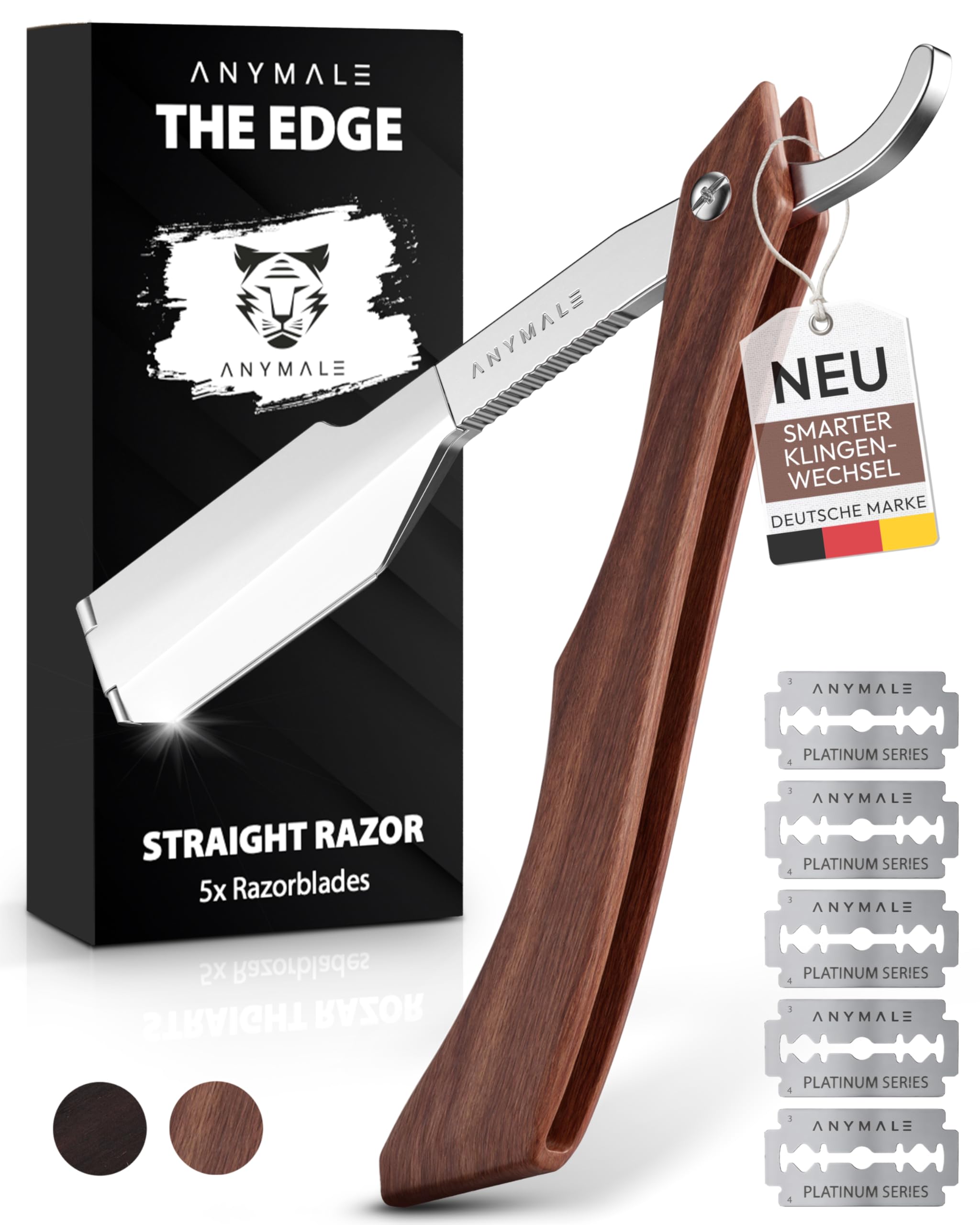 Premium Rasiermesser mit Wechselklinge "The Edge" für Herren Griff aus Sandel-Holz - Straight Razor Bart & Konturen inkl. 5 x Klinge - Edelstahl Barber & Friseur Nass-Rasierer Bartmesser Set